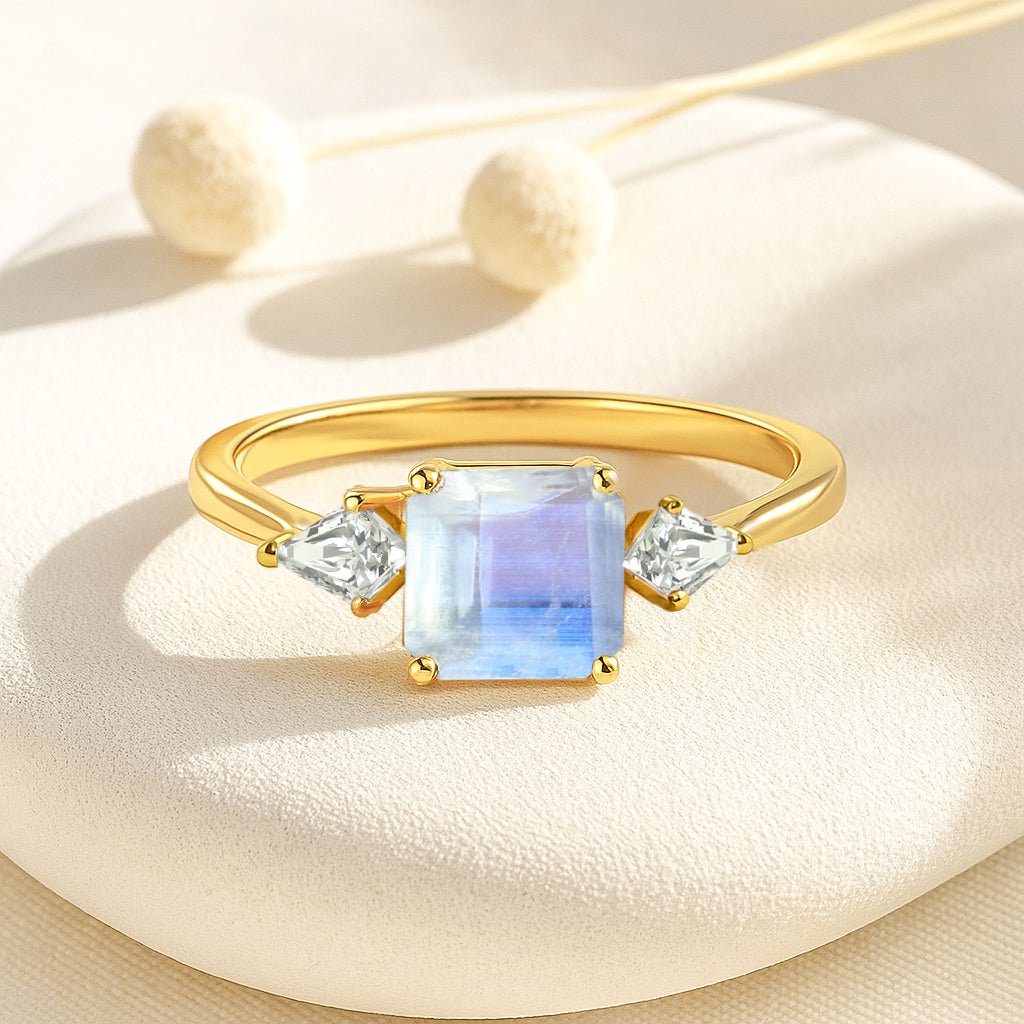 Three Stone Ring with Natural Moonstone and Cubic Zirconia for Her - Goodstone Jewels