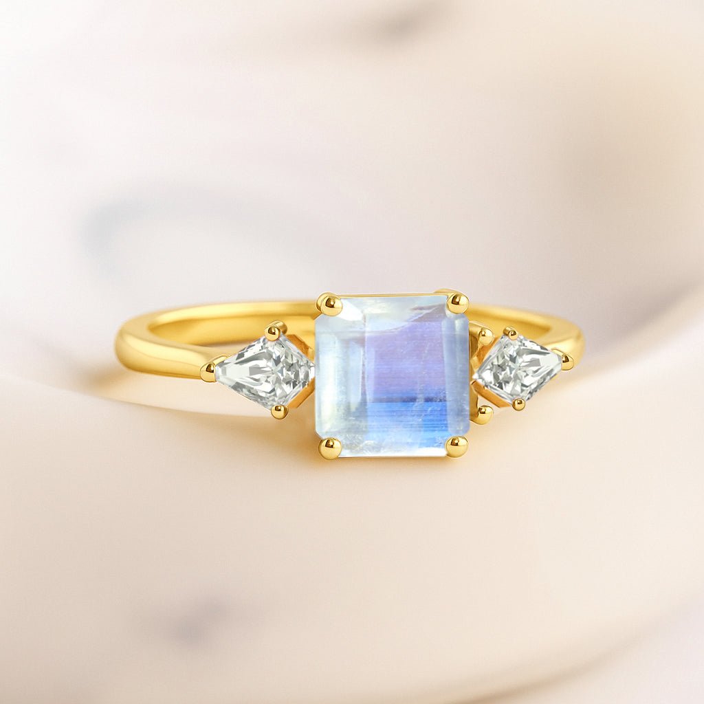 Three Stone Ring with Natural Moonstone and Cubic Zirconia for Her - Goodstone Jewels