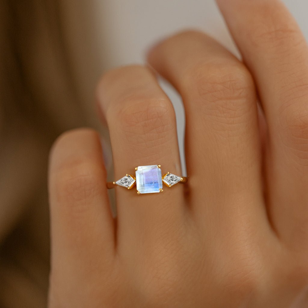 Three Stone Ring with Natural Moonstone and Cubic Zirconia for Her - Goodstone Jewels