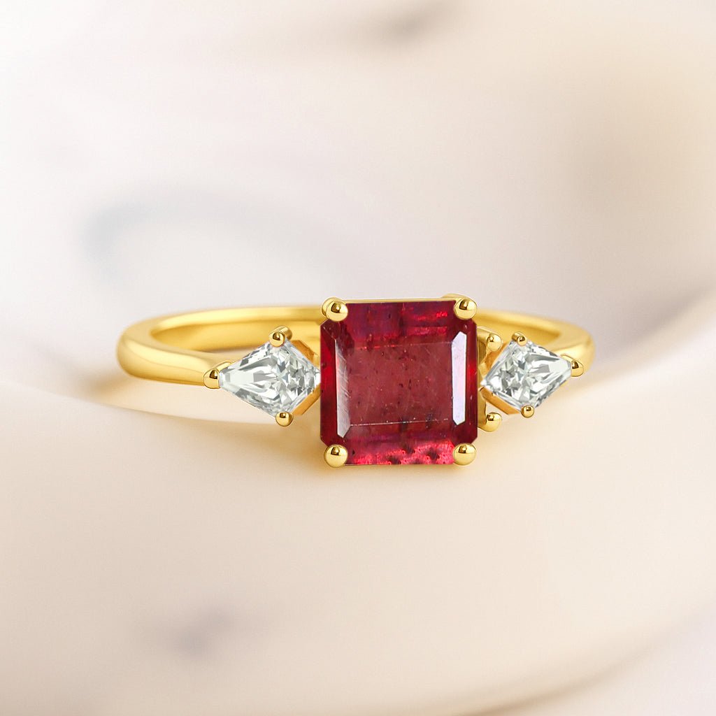 Three Stone Ring with Natural Ruby and Cubic Zirconia for Her - Goodstone Jewels