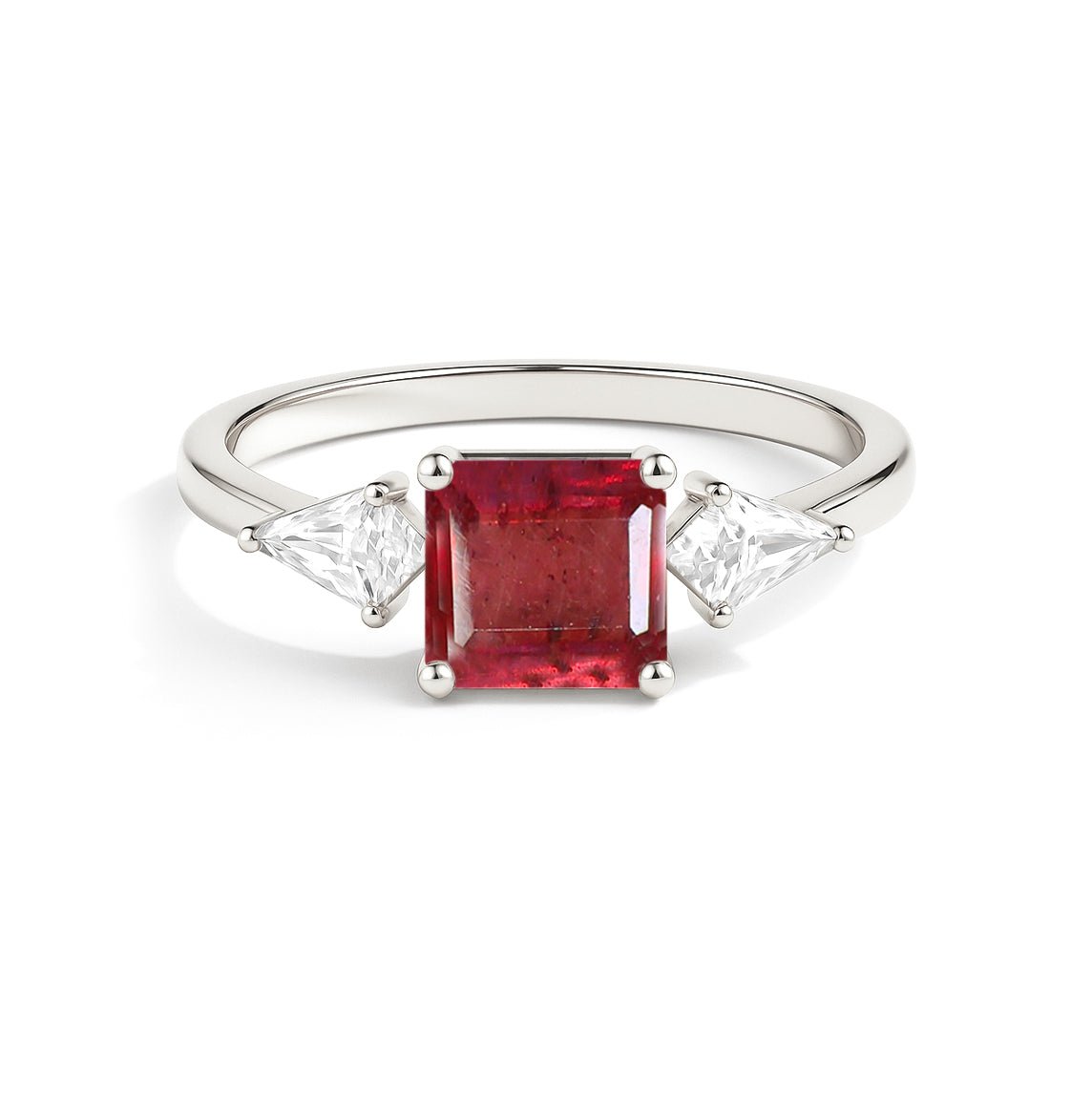 Three Stone Ring with Natural Ruby and Cubic Zirconia for Her - Goodstone Jewels