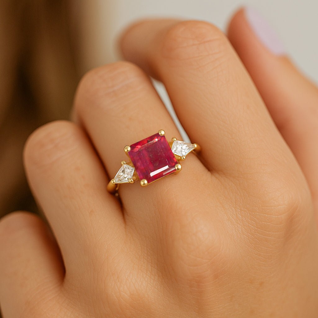 Three Stone Ring with Natural Ruby and Cubic Zirconia for Her - Goodstone Jewels