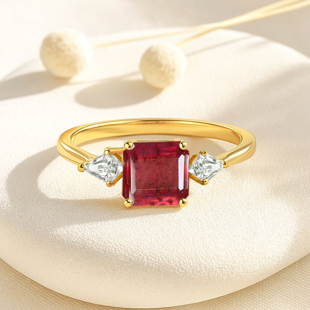 Three Stone Ring with Natural Ruby and Cubic Zirconia for Her - Goodstone Jewels