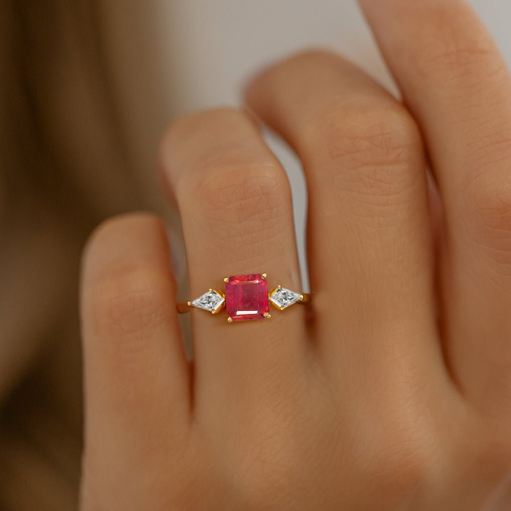 Three Stone Ring with Natural Ruby and Cubic Zirconia for Her - Goodstone Jewels