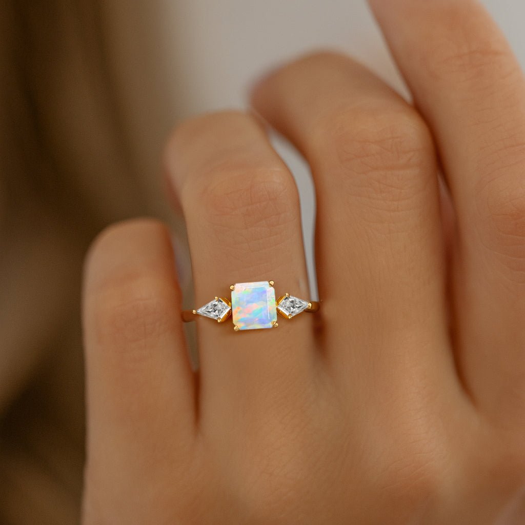 Three Stone Ring with Natural White Opal and Cubic Zirconia for Her - Goodstone Jewels