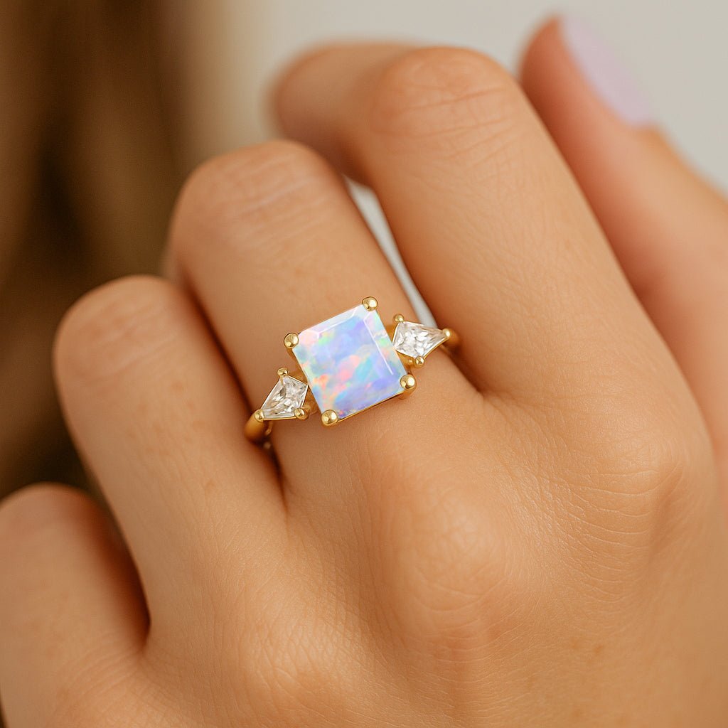Three Stone Ring with Natural White Opal and Cubic Zirconia for Her - Goodstone Jewels