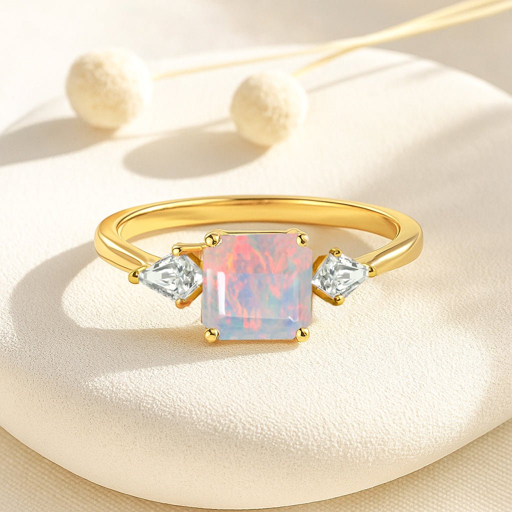 Three Stone Ring with Natural White Opal and Cubic Zirconia for Her - Goodstone Jewels