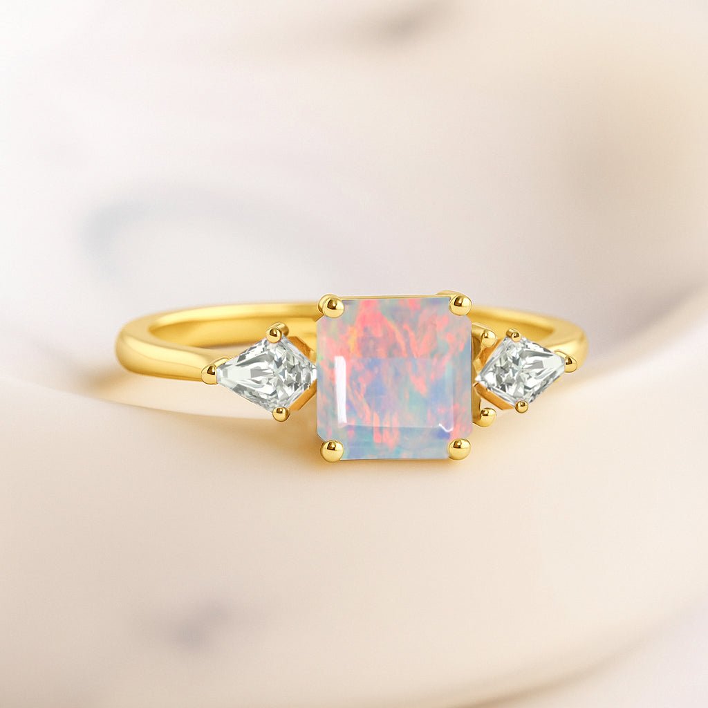 Three Stone Ring with Natural White Opal and Cubic Zirconia for Her - Goodstone Jewels