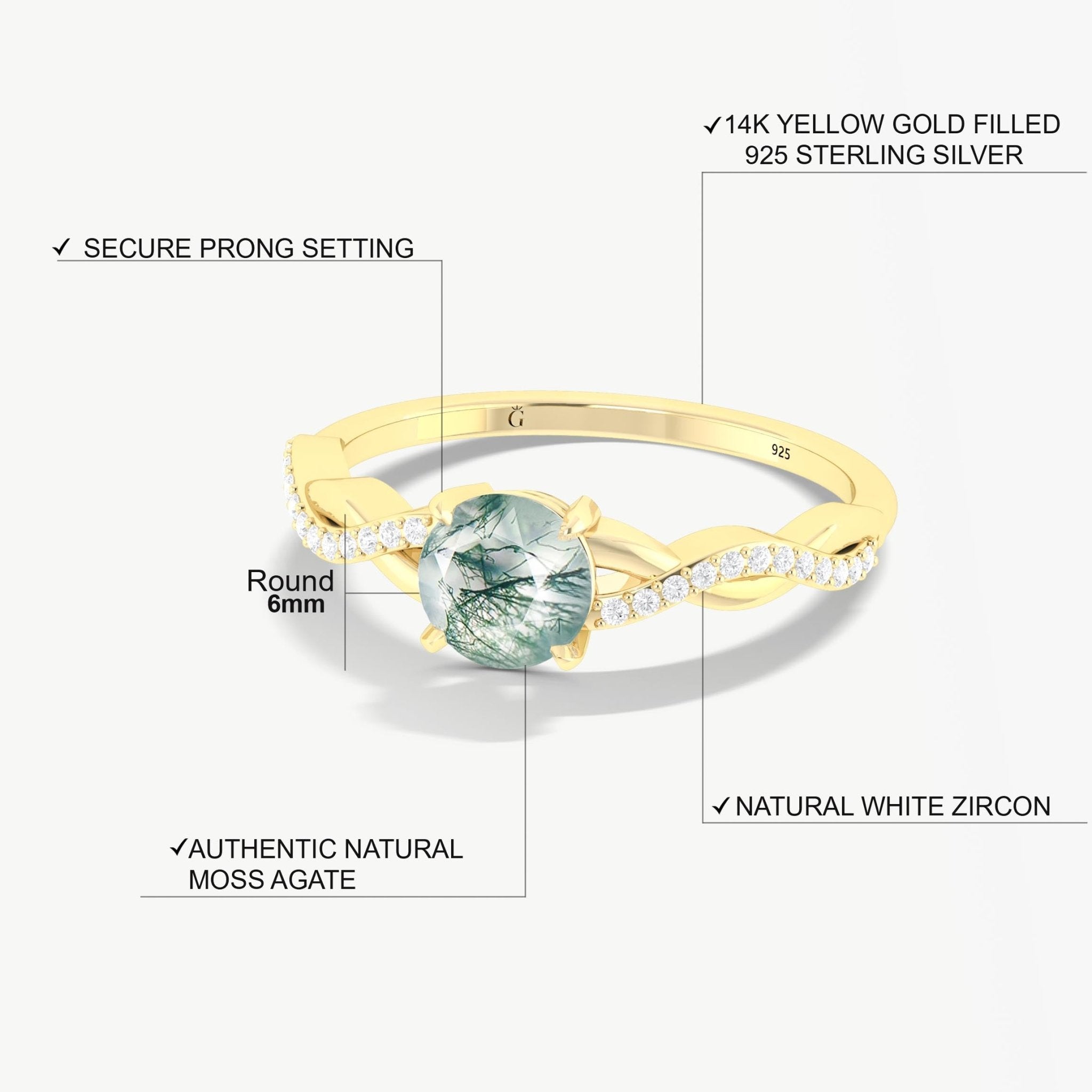 Tiny Round Moss Agate 18K Gold vermail or Silver Wedding ring - Goodstone Jewels