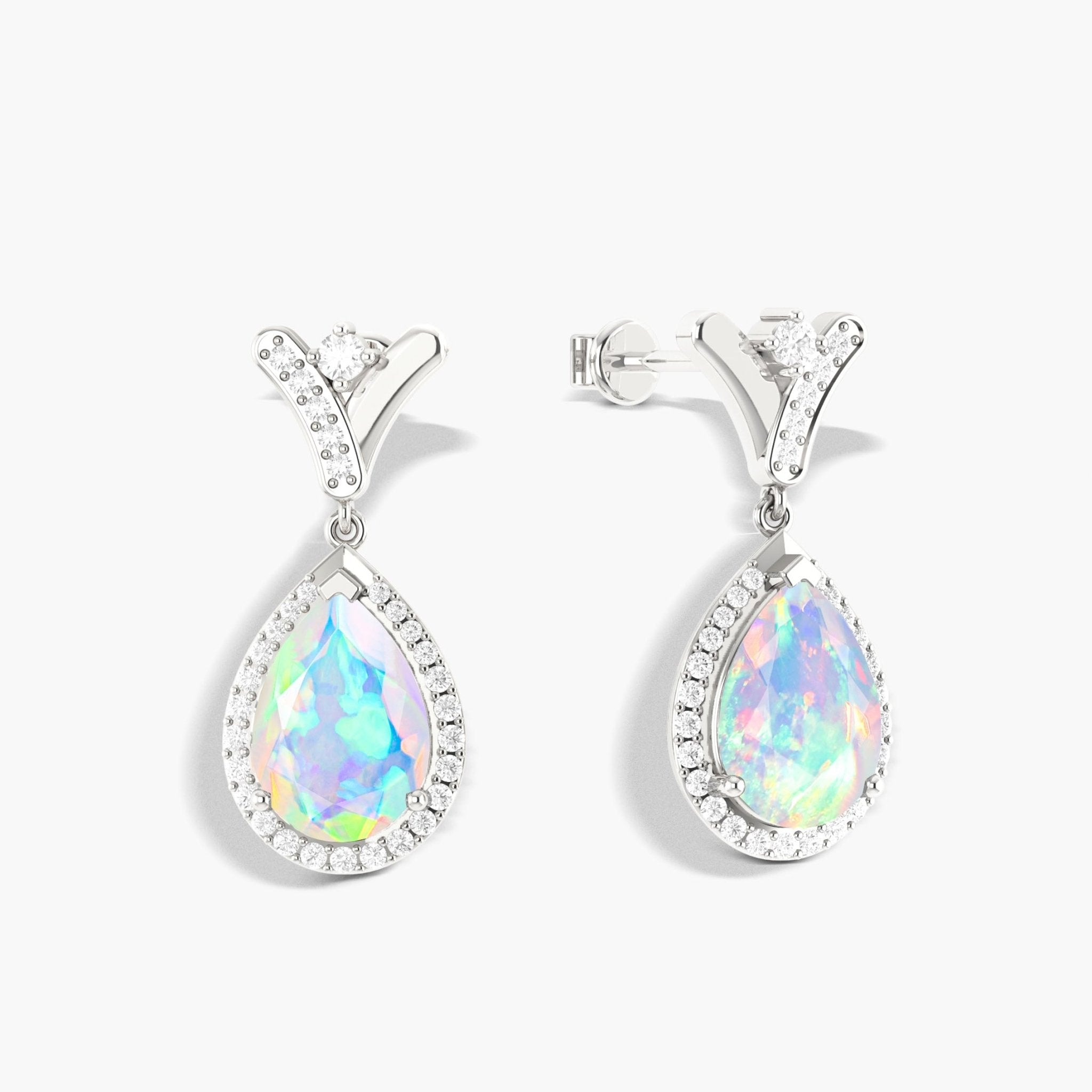 'V' Shape Style Natural White Opal Drop Earrings with Push Back - Goodstone Jewels
