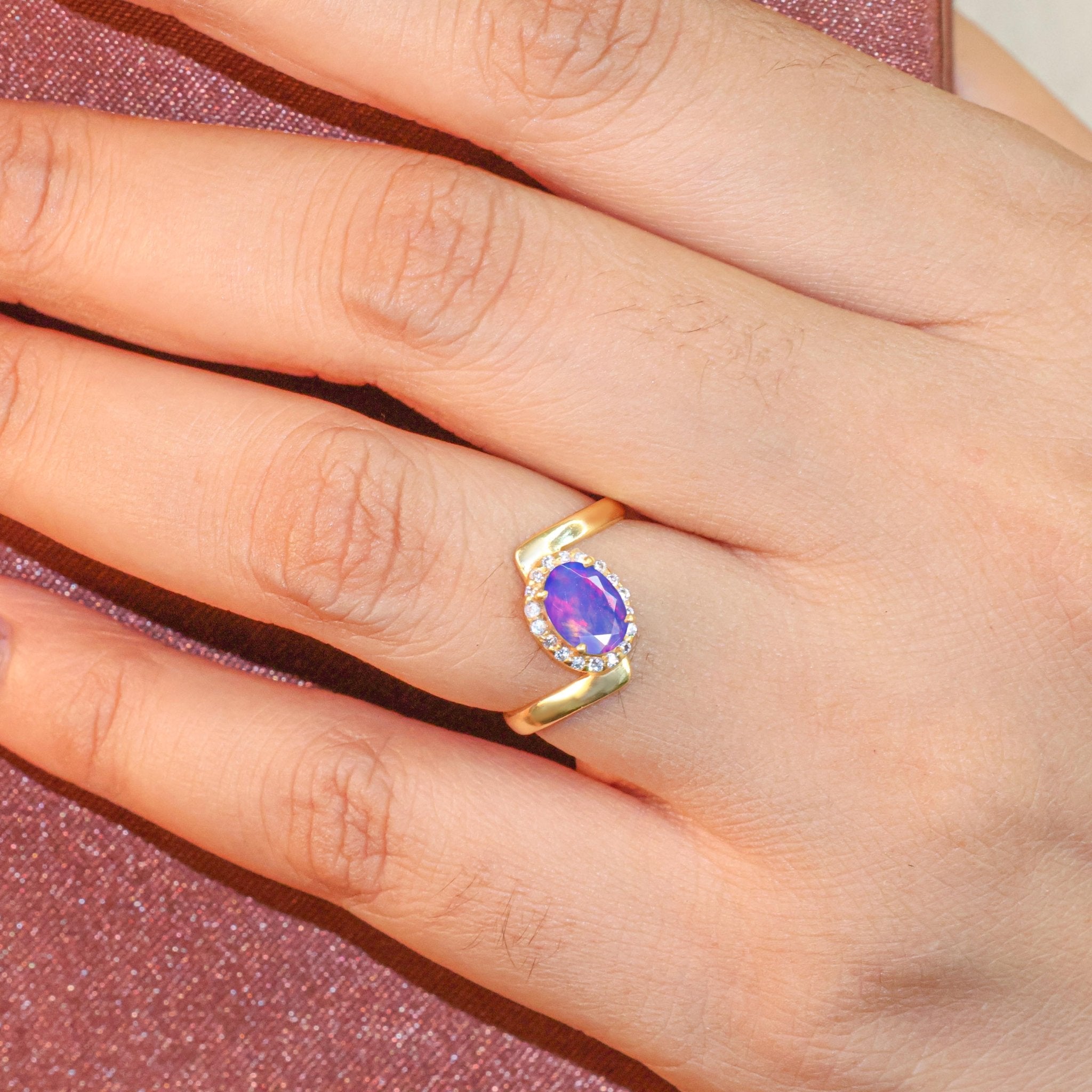 Vintage Lavender fire Oval opal Statement ring for women - Goodstone Jewels