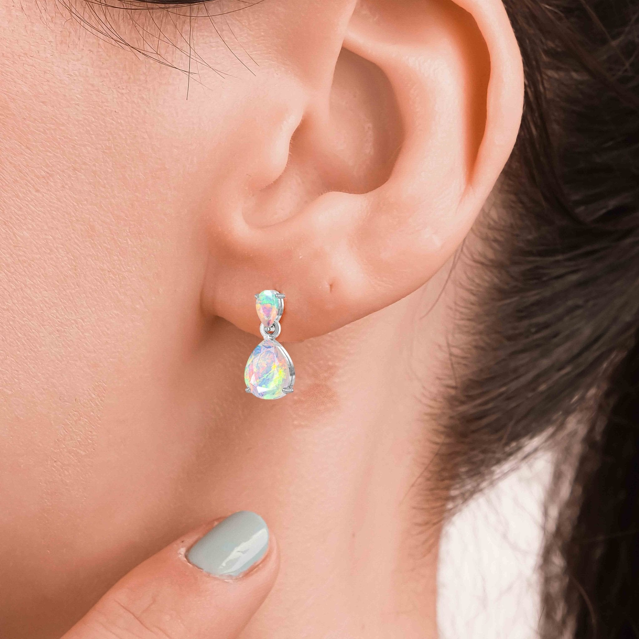 White Dual Opal Pear Drop Stud Earrings - Goodstone Jewels