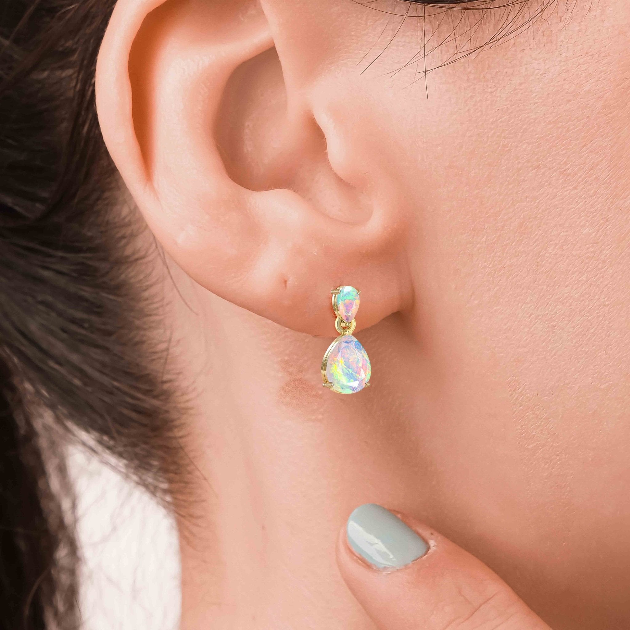 White Dual Opal Pear Drop Stud Earrings - Goodstone Jewels