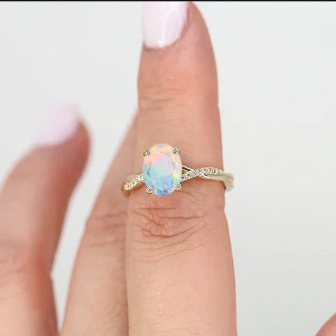 White Ethiopian fire opal wedding gold ring for women - Goodstone Jewels