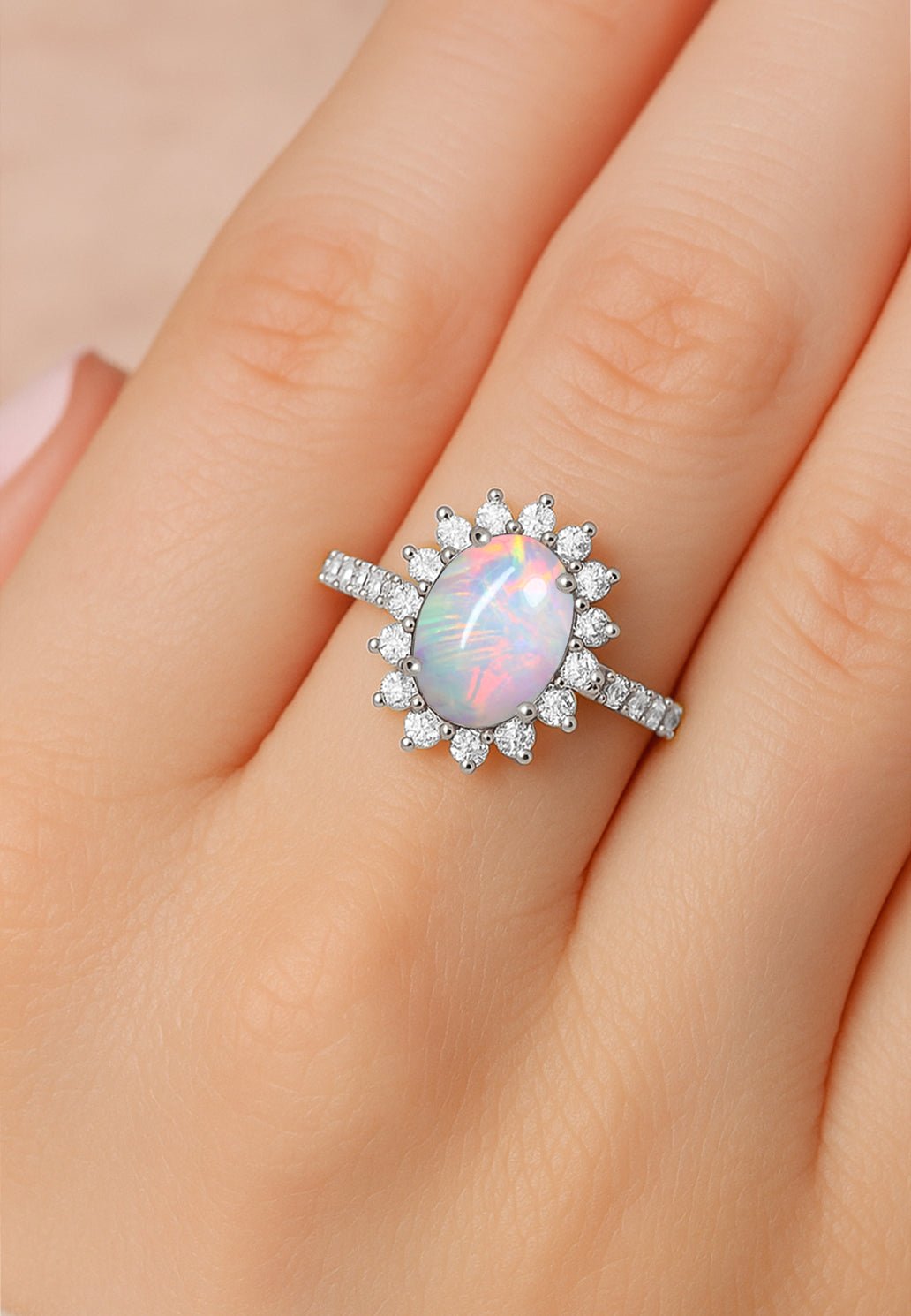 White Ethiopian Opal Gemstone Halo Style Ring - Goodstone Jewels