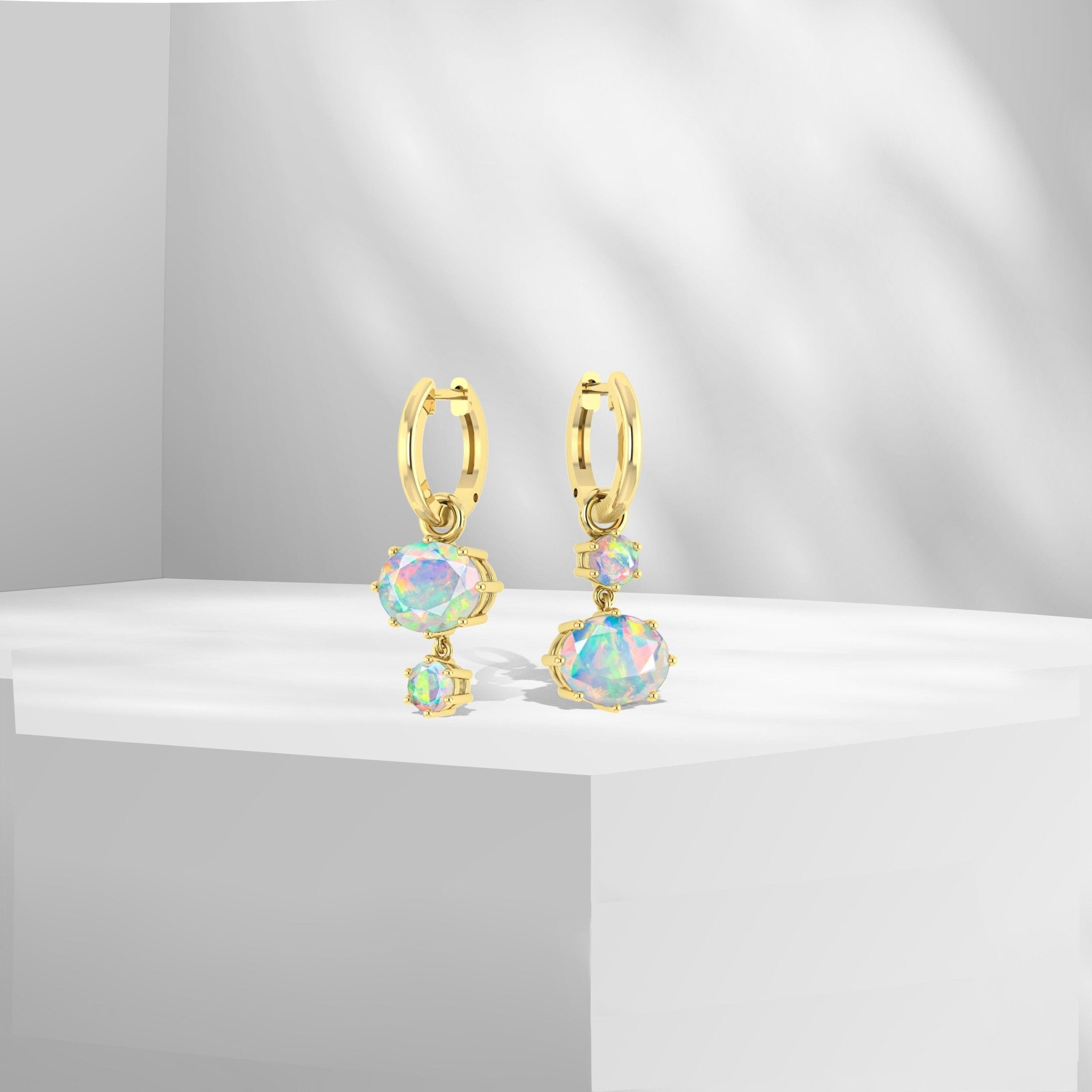 White Fire Opal Dual Round Stone Hoop Earrings - Goodstone Jewels
