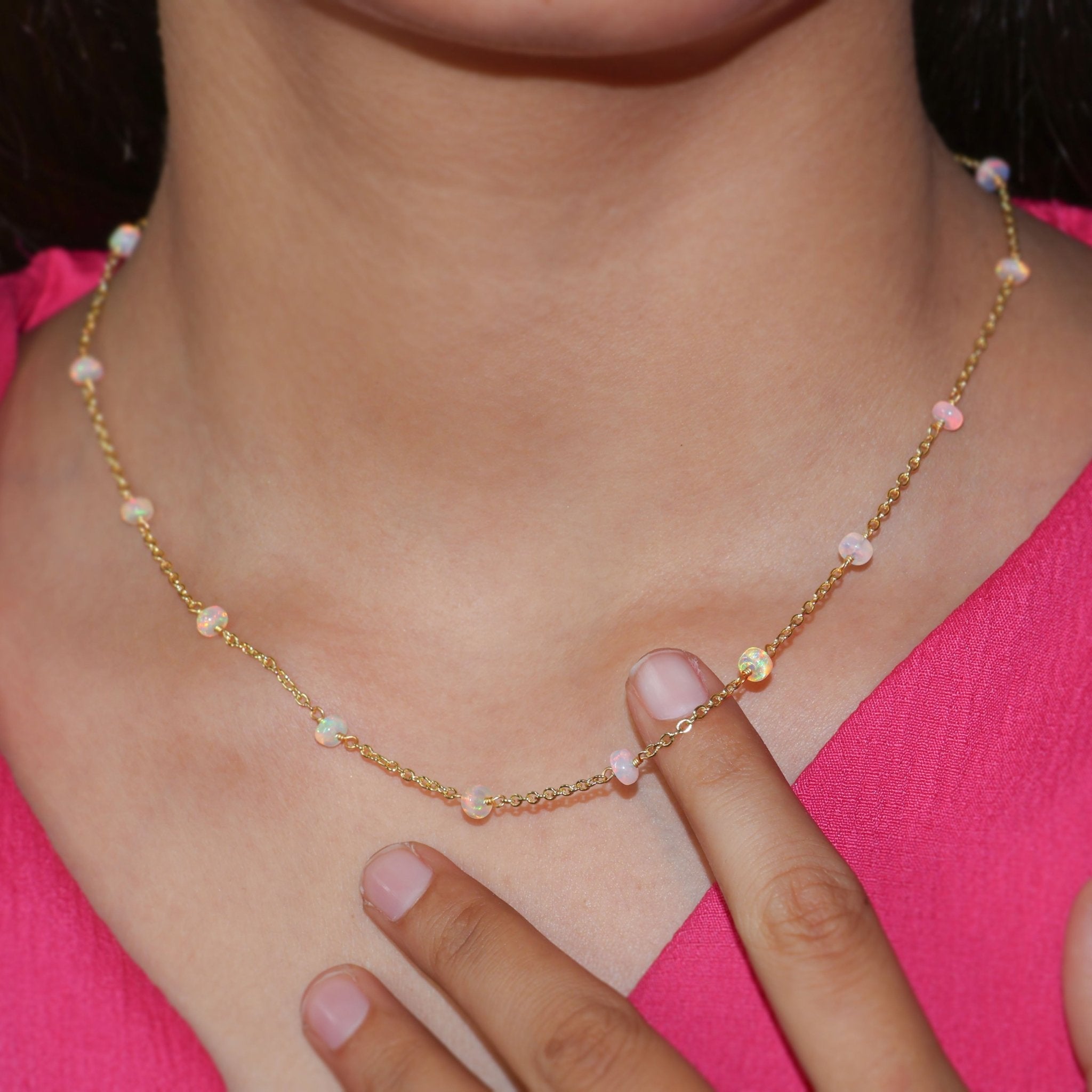 White opal beaded with 18k Gold Vermail wire chain necklace - Goodstone Jewels
