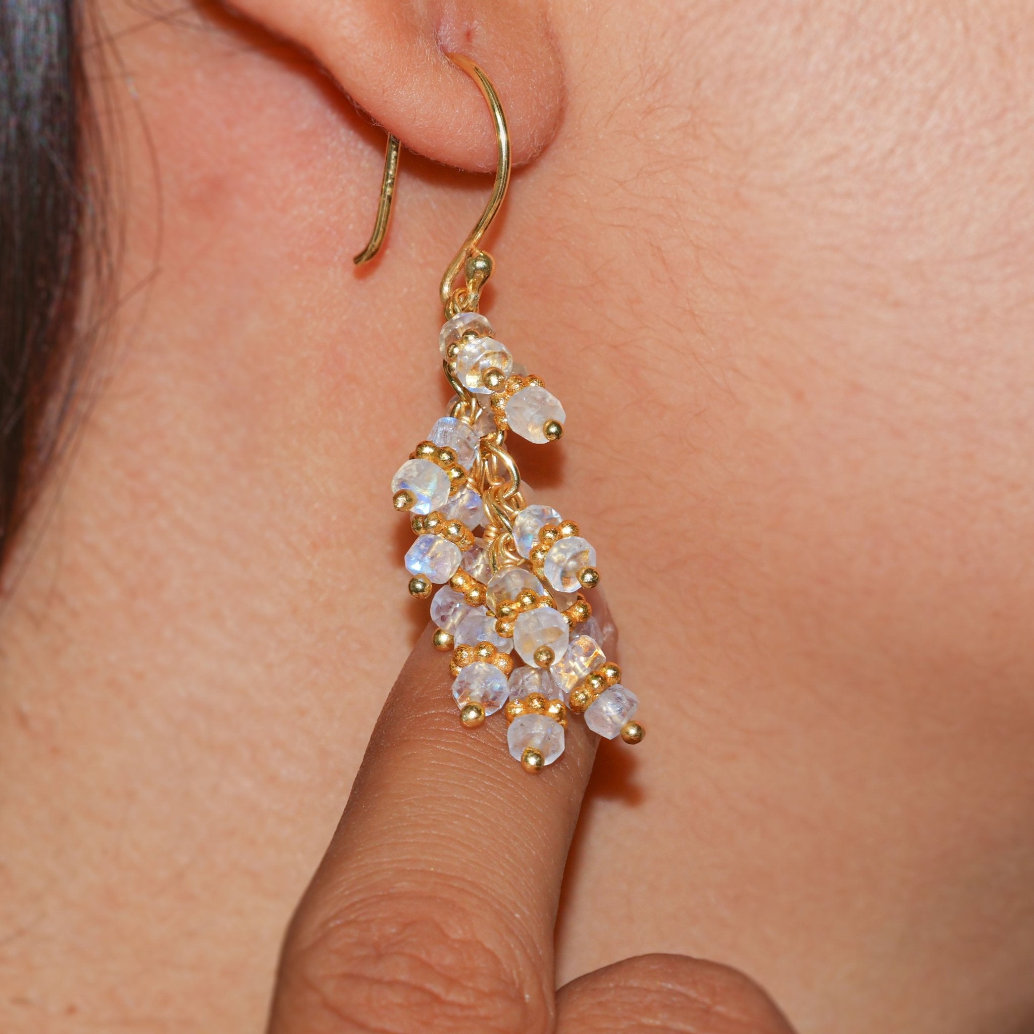 White Rainbow Moonstone Beads Chakri Style Earrings - Goodstone Jewels