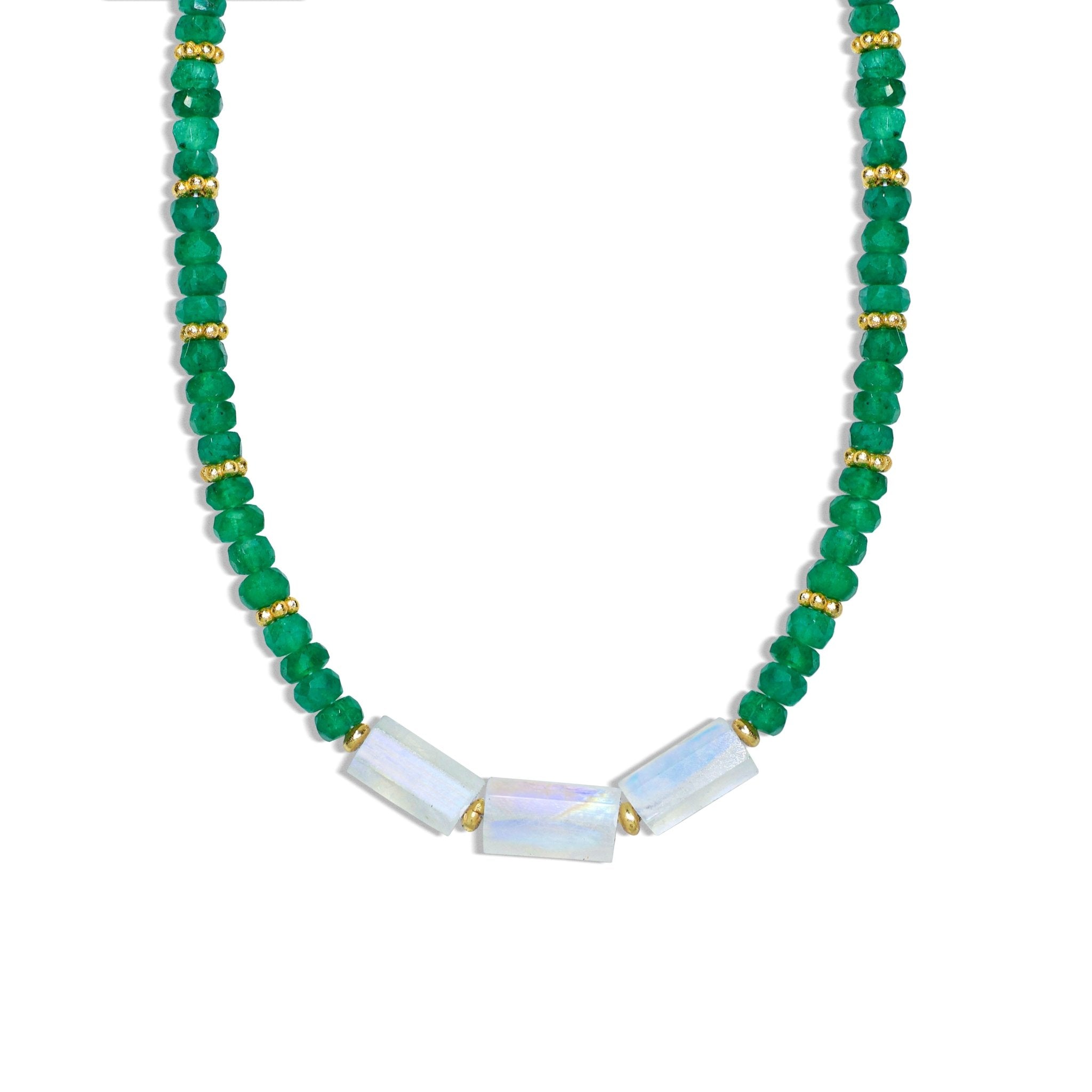 White rainbow Moonstone Pencil with Emerald beads necklace - Goodstone Jewels