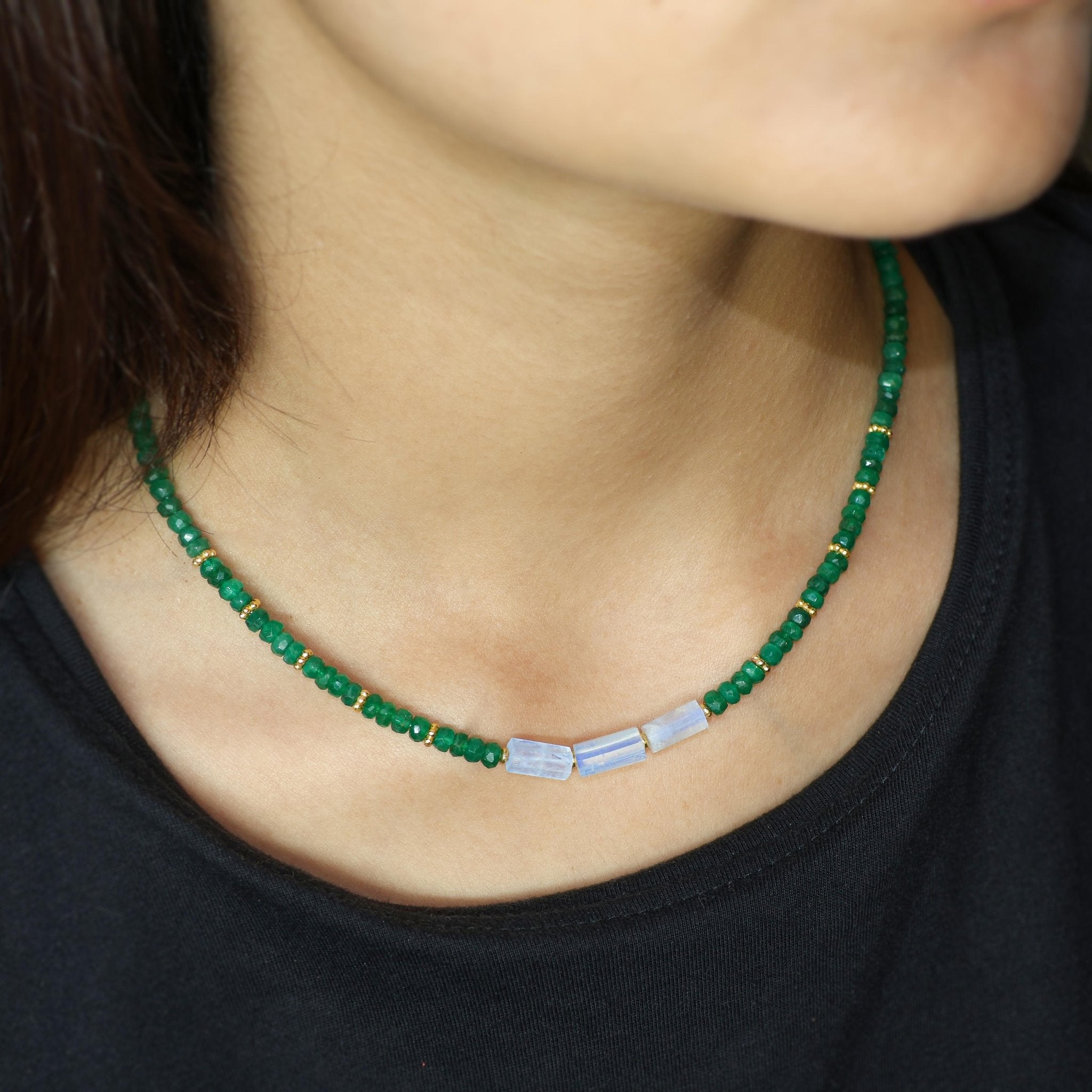 White rainbow Moonstone Pencil with Emerald beads necklace - Goodstone Jewels