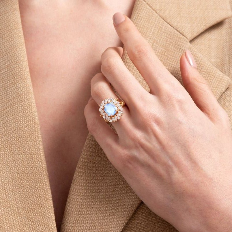 White rainbow moonstone wedding Gold statement ring - Goodstone Jewels