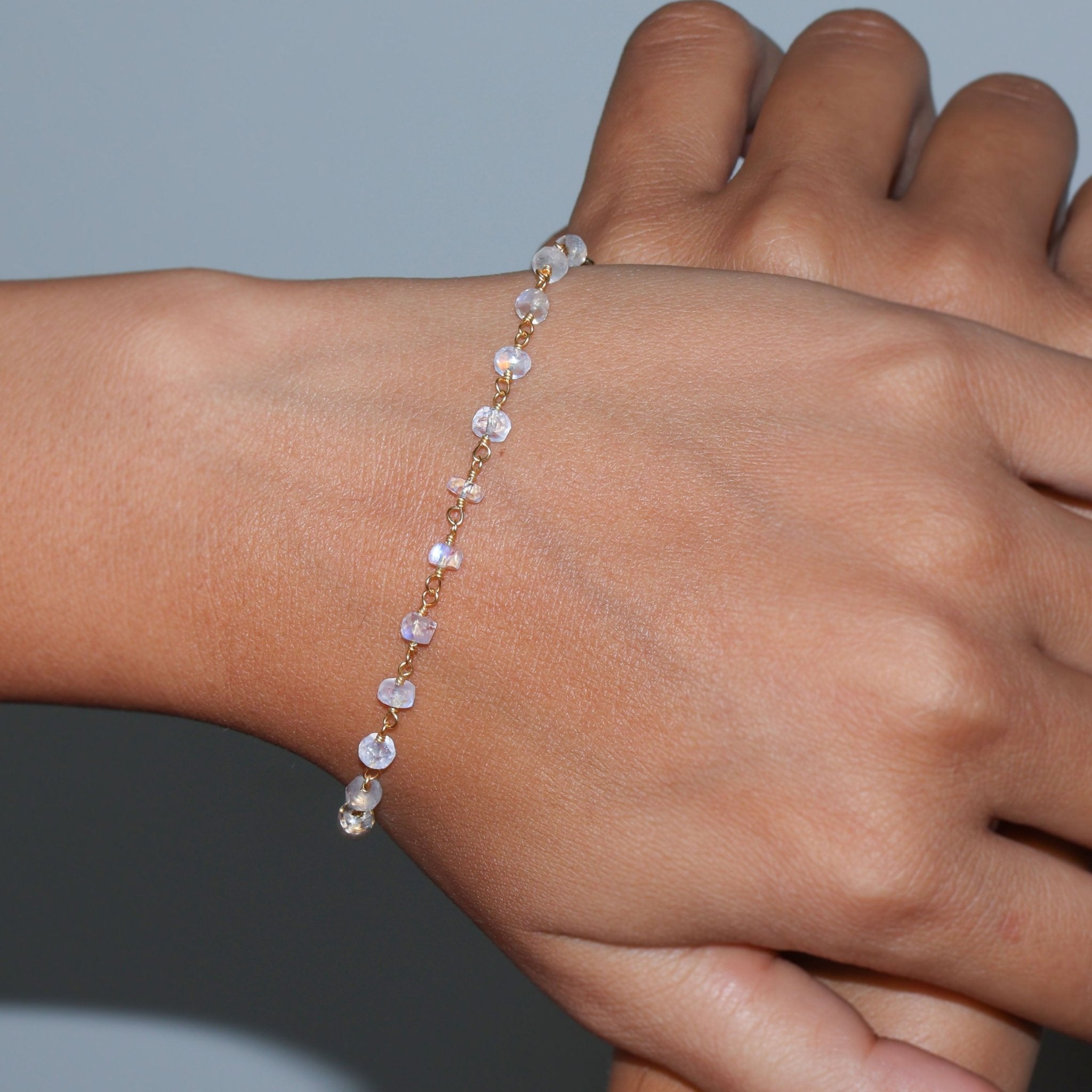White wrap chain with rainbow moonstone beaded bracelet - Goodstone Jewels