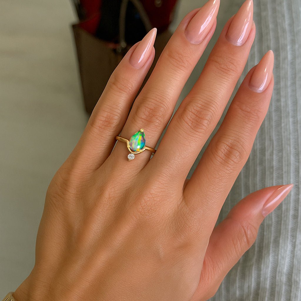 Wishbone Chevron Ring with Natural Black Opal and White Cubic Zirconia - Goodstone Jewels