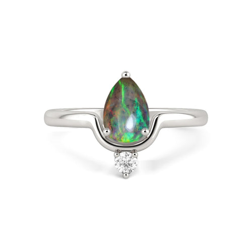 Natural Black Opal Chevron Solitaire Ring with Zirconia