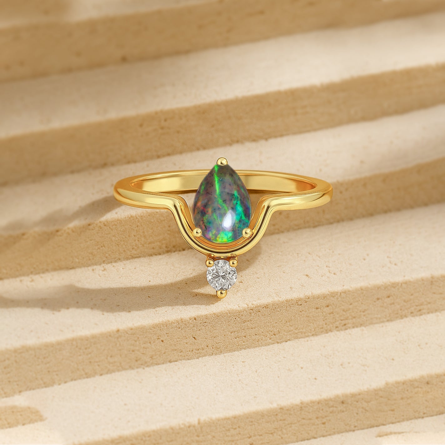 Wishbone Chevron Ring with Natural Black Opal and White Cubic Zirconia - Goodstone Jewels