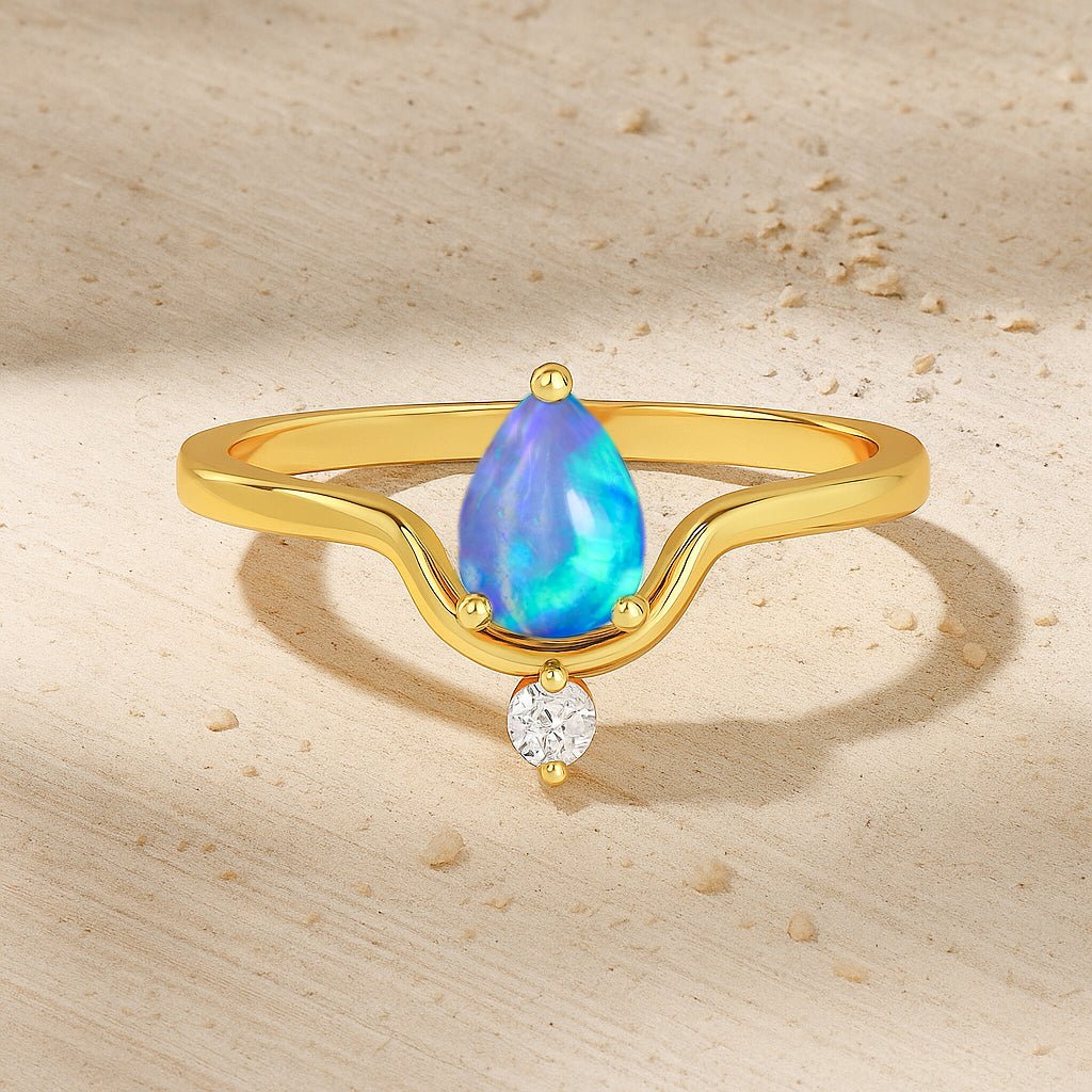Wishbone Chevron Ring with Natural Blue Opal and White Cubic Zirconia - Goodstone Jewels