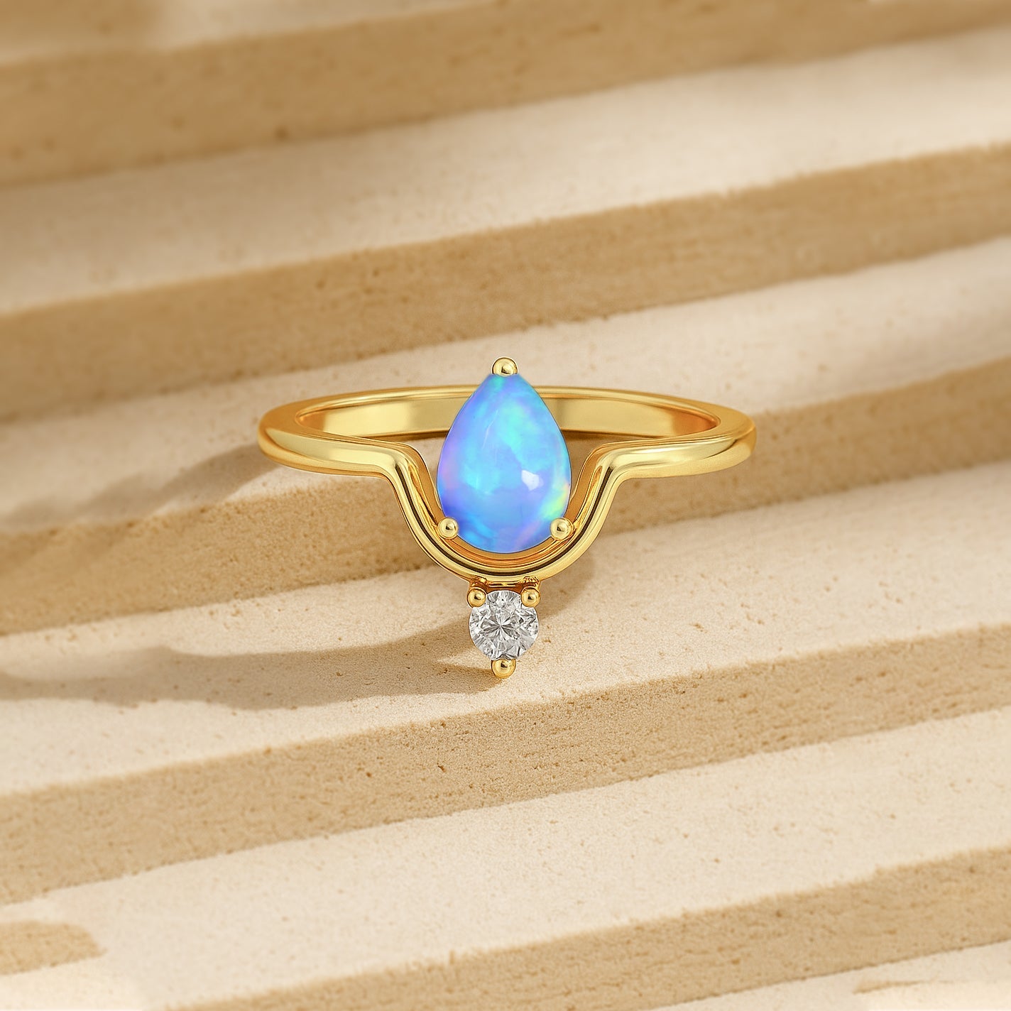 Wishbone Chevron Ring with Natural Blue Opal and White Cubic Zirconia - Goodstone Jewels
