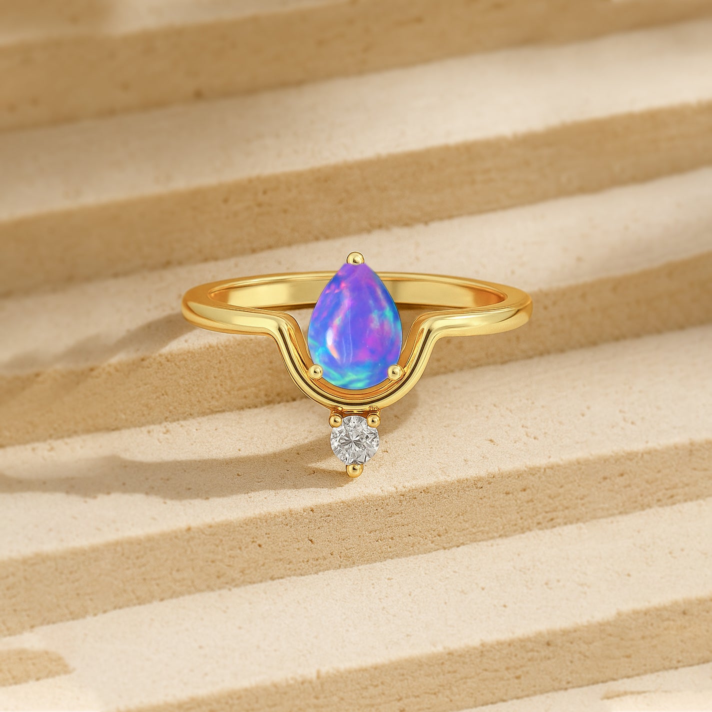 Wishbone Chevron Ring with Natural Lavender Opal and White Cubic Zirconia - Goodstone Jewels