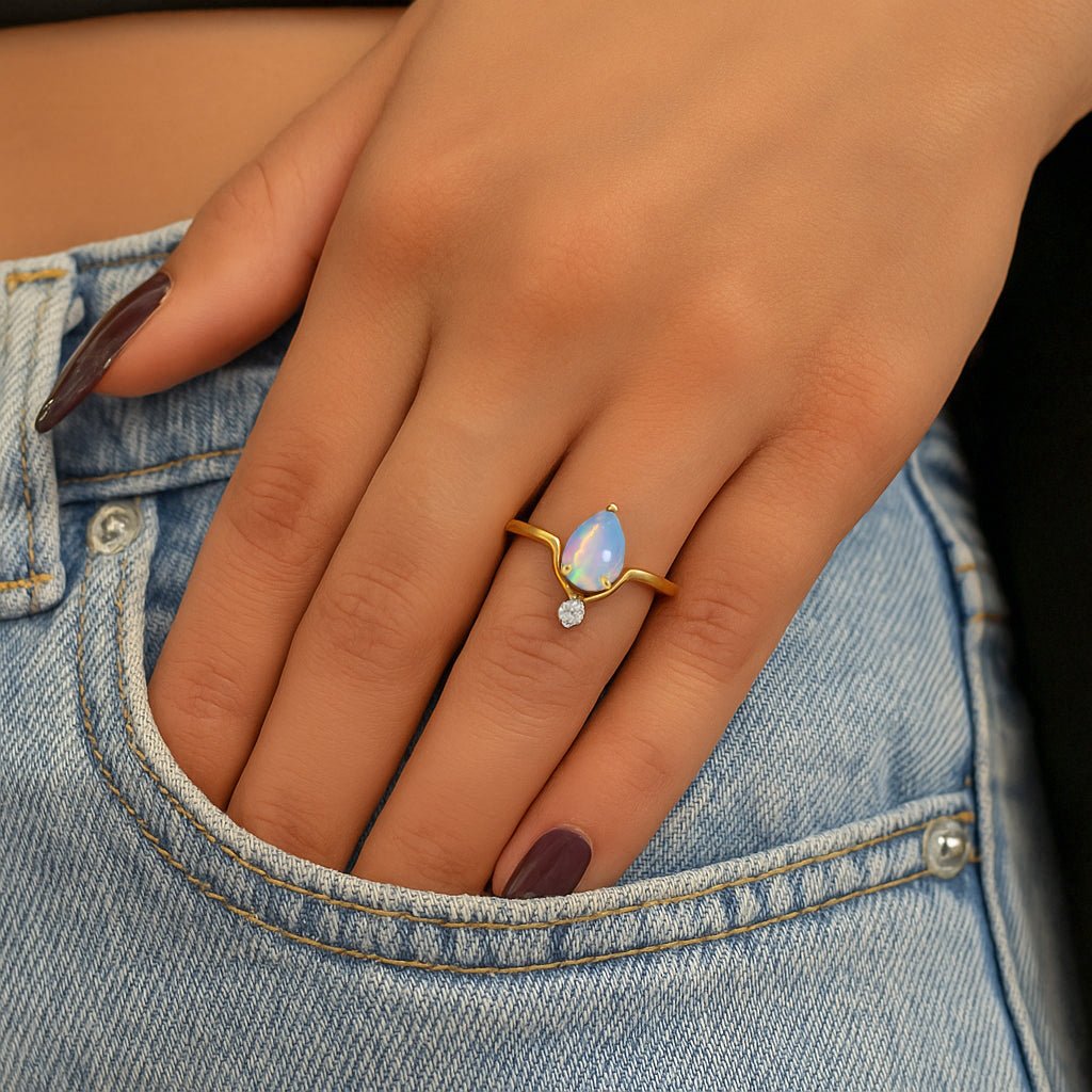Wishbone Chevron Ring with Natural White Opal and Cubic Zirconia - Goodstone Jewels