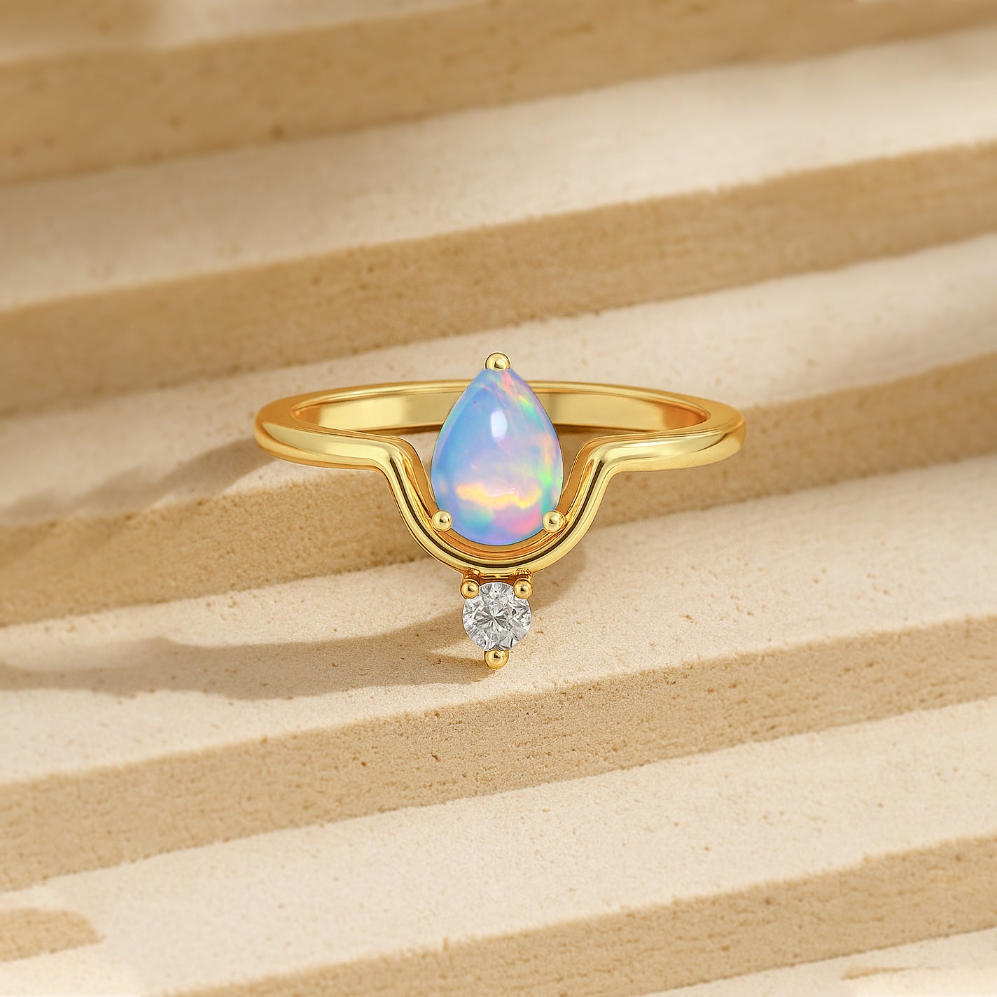 Wishbone Chevron Ring with Natural White Opal and Cubic Zirconia - Goodstone Jewels