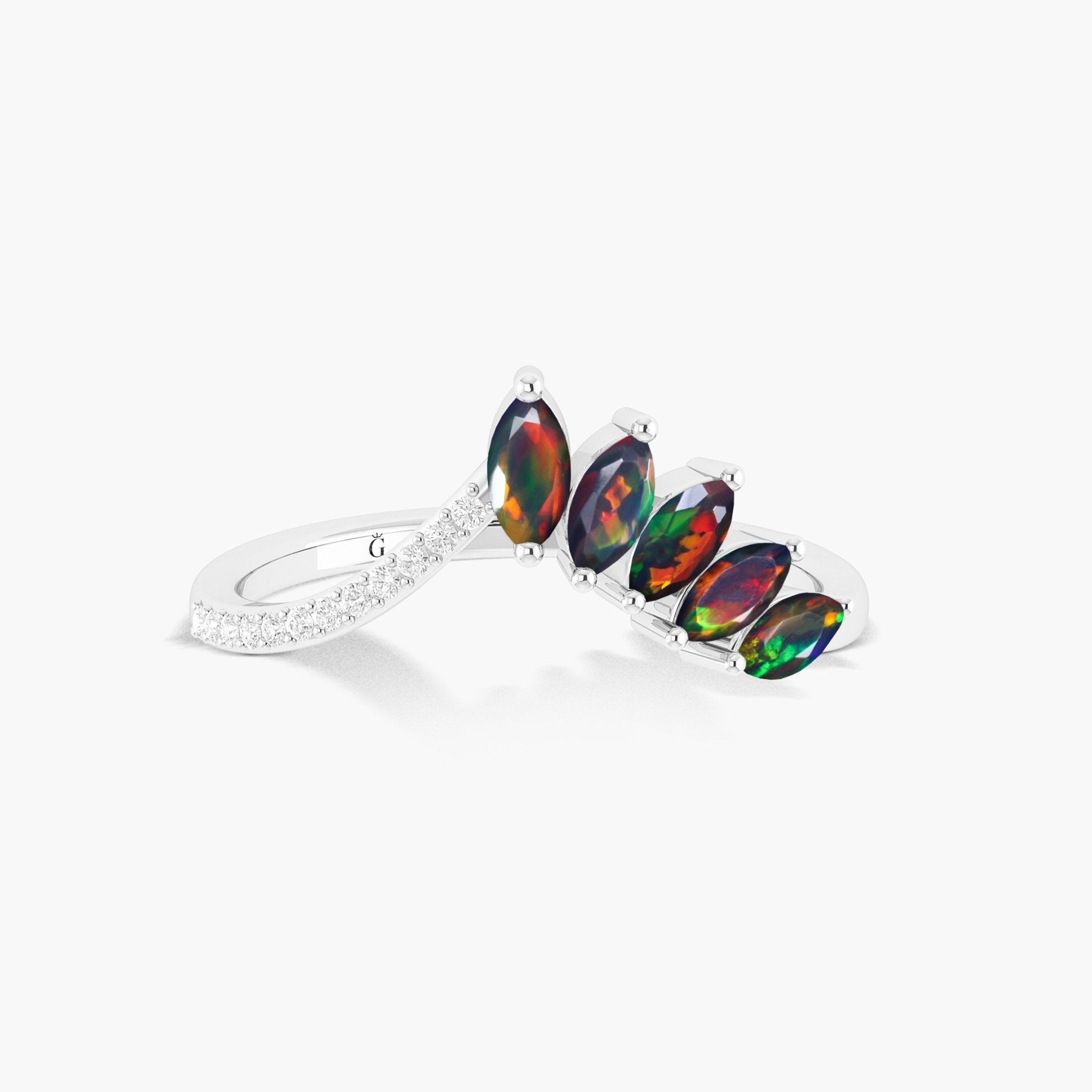 Wishbone Ring with Marquise Shape Natural Black Opal & White Zircon 1.25 Carat - Goodstone Jewels