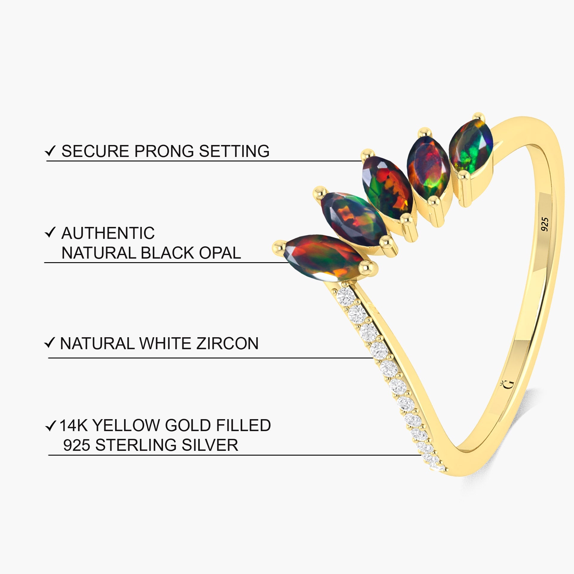 Wishbone Ring with Marquise Shape Natural Black Opal & White Zircon 1.25 Carat - Goodstone Jewels