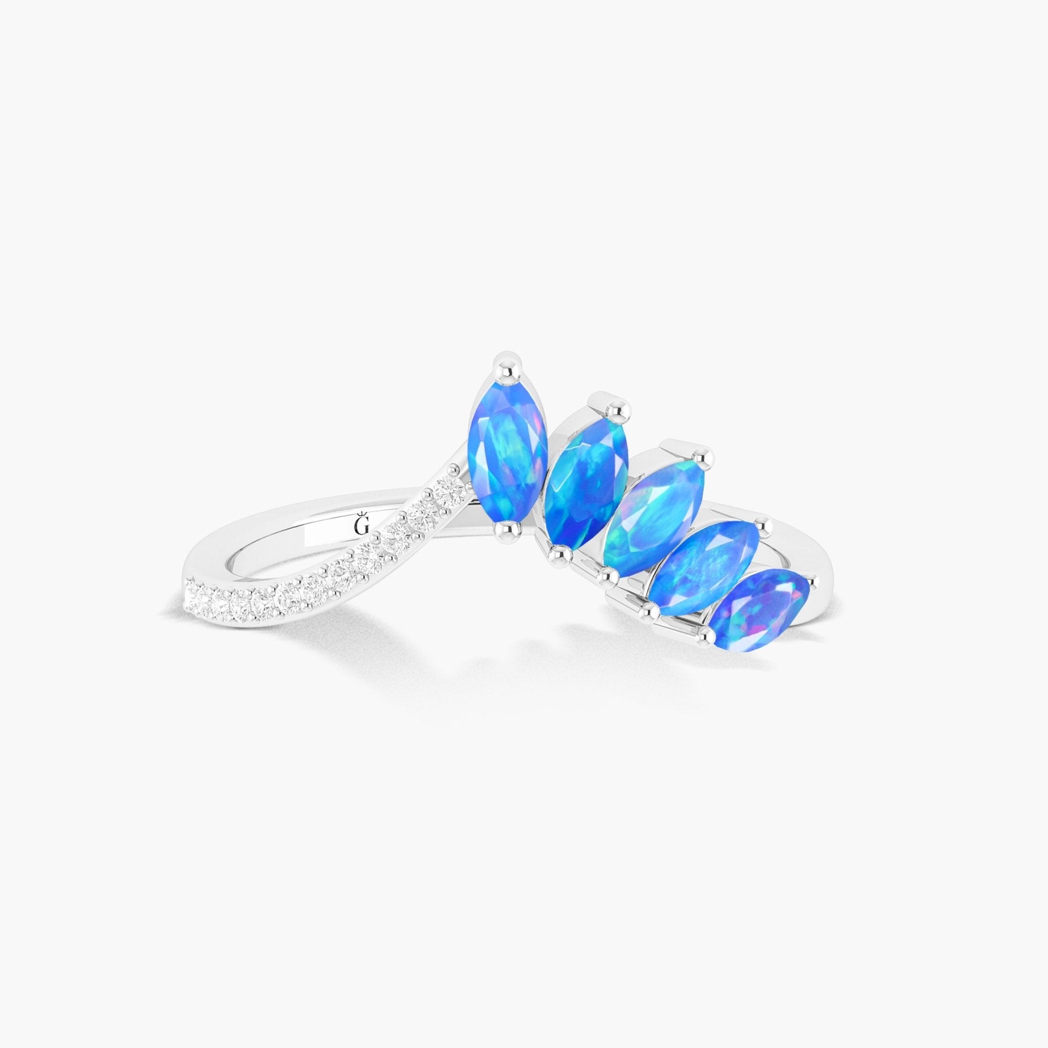 Wishbone Ring with Marquise Shape Natural Blue Opal & White Zircon 1.25 Carat - Goodstone Jewels