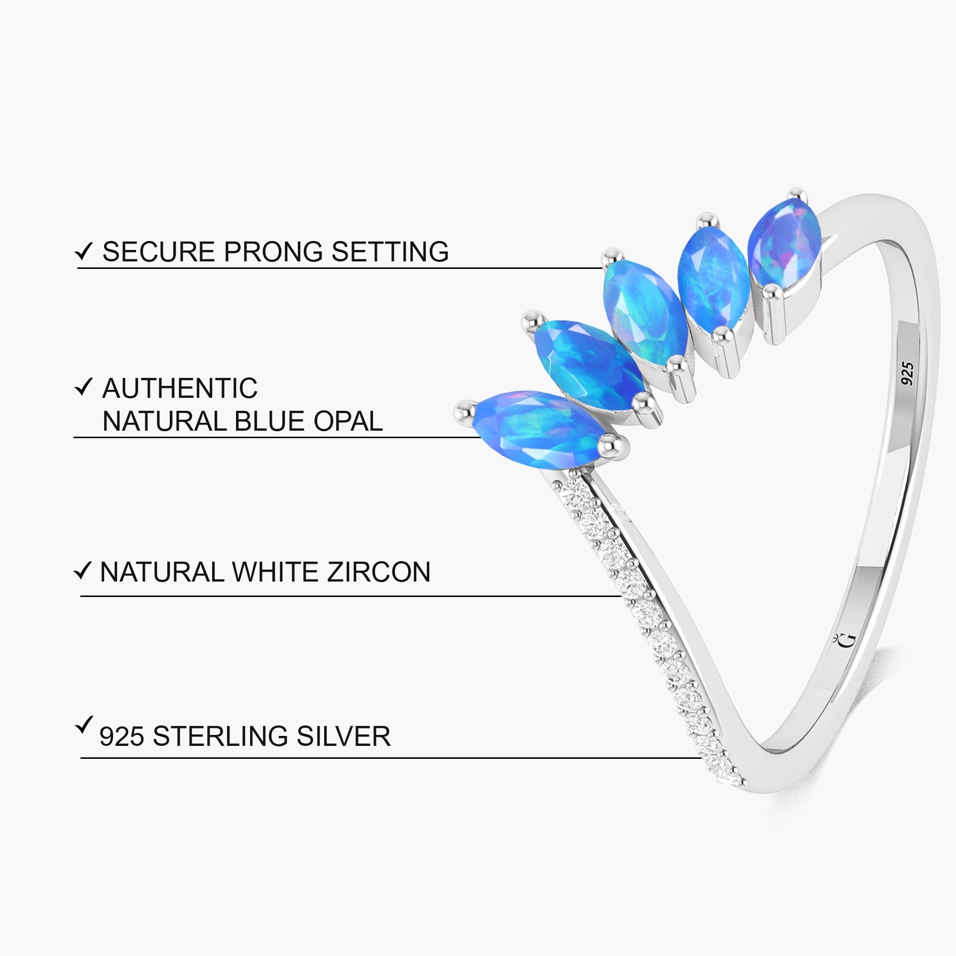 Wishbone Ring with Marquise Shape Natural Blue Opal & White Zircon 1.25 Carat - Goodstone Jewels