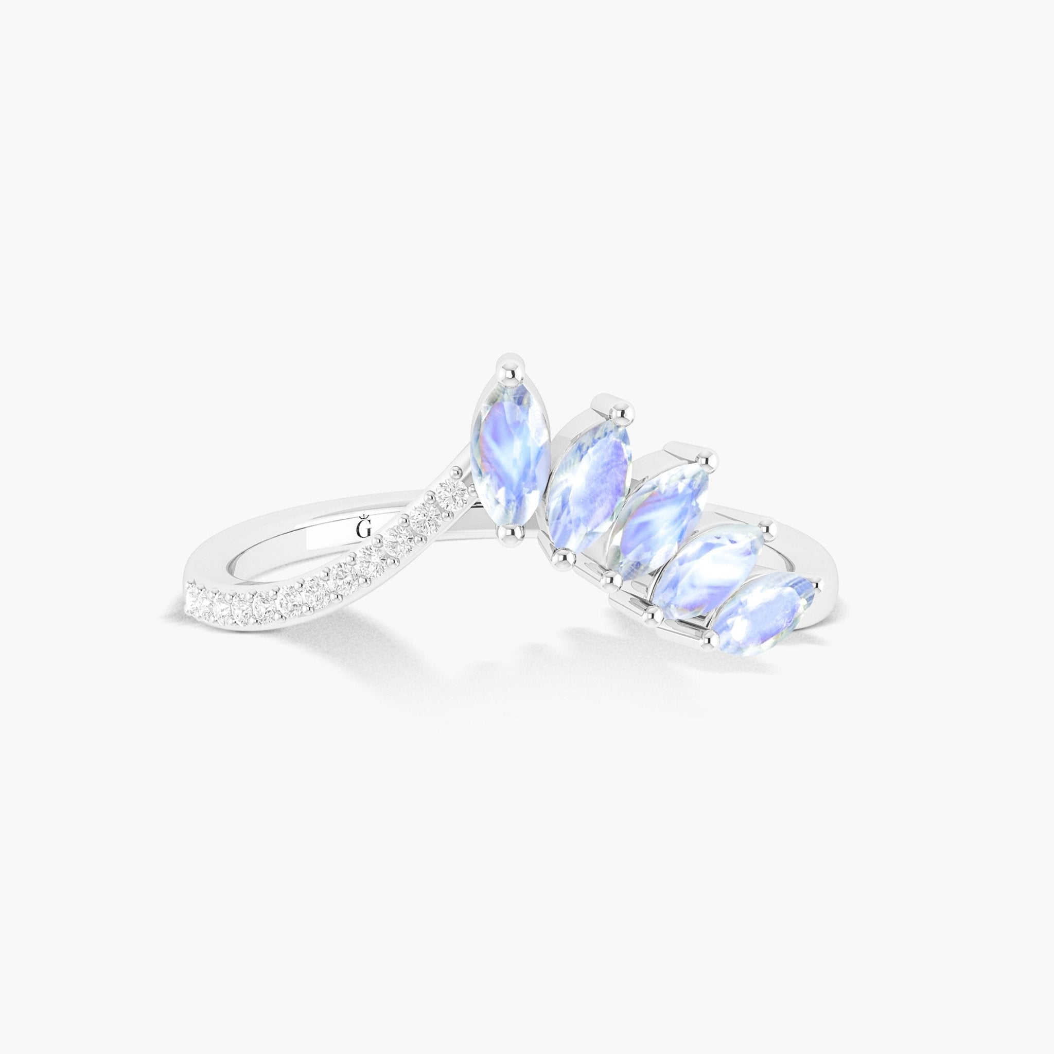 Wishbone Ring with Marquise Shape Natural Moonstone & White Zircon 2 Carat - Goodstone Jewels