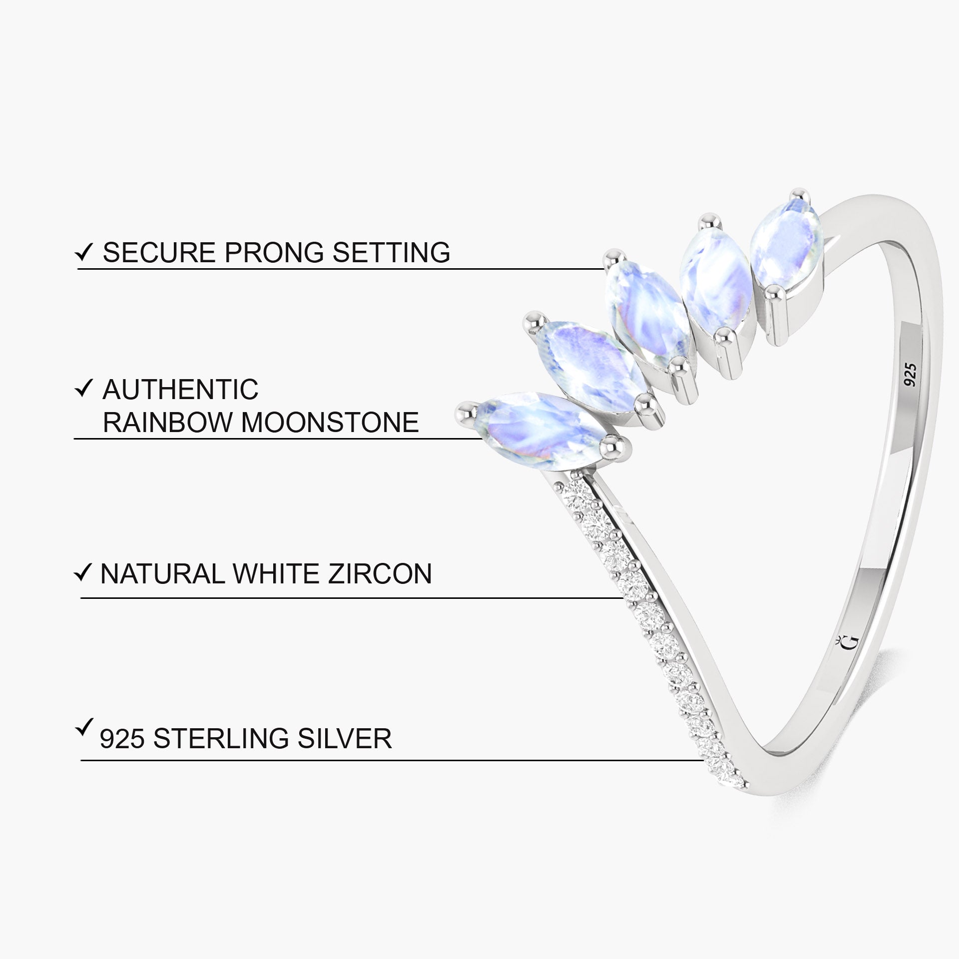 Wishbone Ring with Marquise Shape Natural Moonstone & White Zircon 2 Carat - Goodstone Jewels