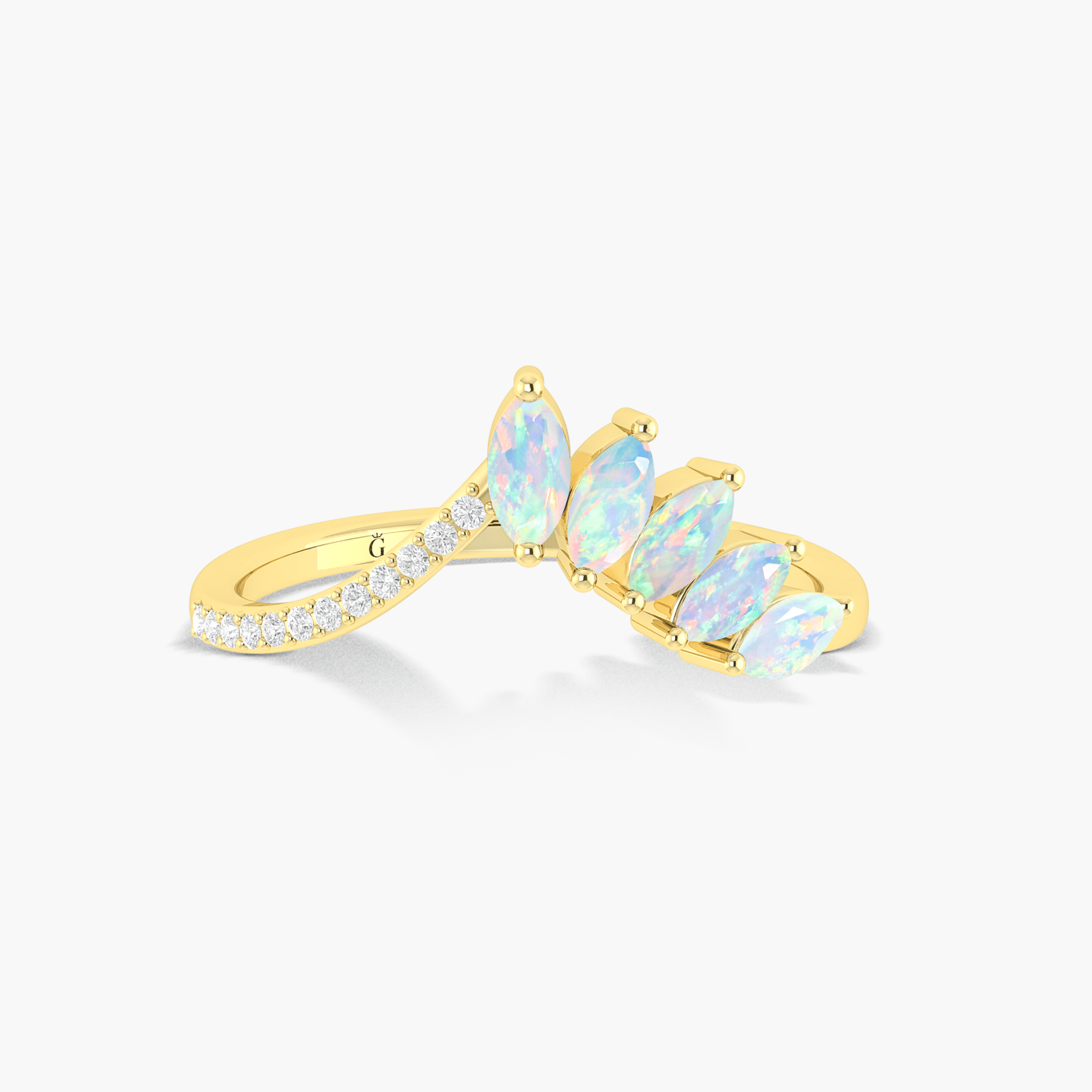 Wishbone Ring with Marquise Shape Natural White Opal & Zircon 1.25 Carat - Goodstone Jewels