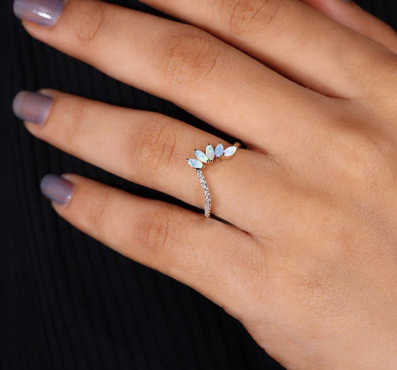 Wishbone Ring with Marquise Shape Natural White Opal & Zircon 1.25 Carat - Goodstone Jewels