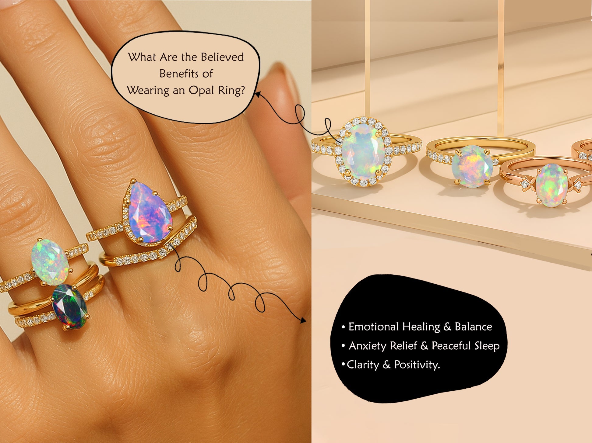 Elegant opal rings in gold settings showcasing healing benefits such as emotional balance, anxiety relief, and clarity – luxury gemstone jewelry for women.