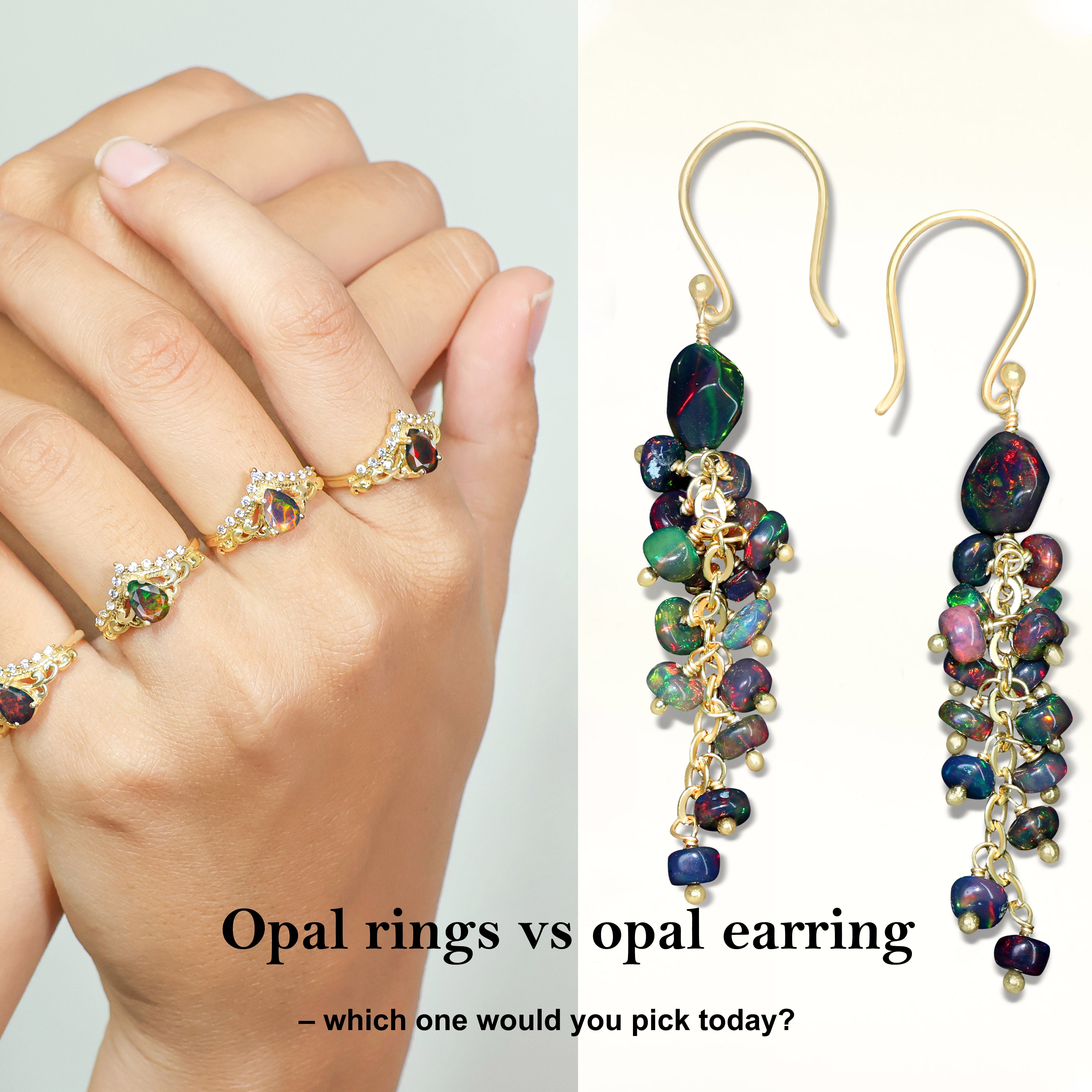 Hand wearing elegant opal ring with colorful gemstone opal earrings – trending opal jewelry in USA fashion.
