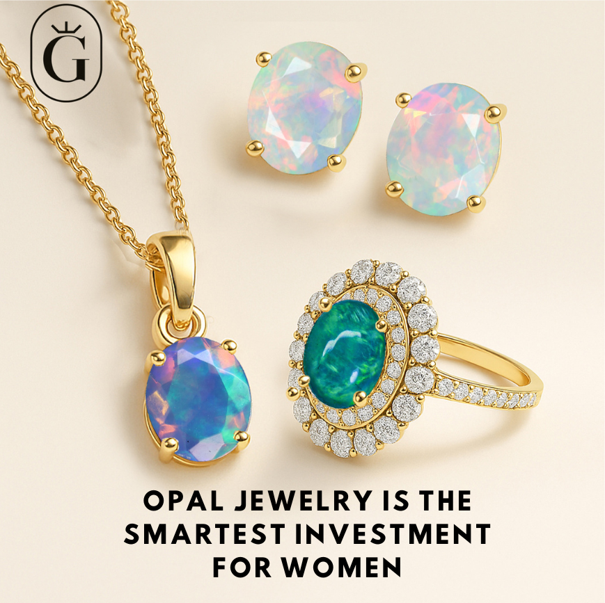 Elegant opal jewelry set for women including opal earrings, opal necklace and opal ring – perfect gemstone investment gift in USA