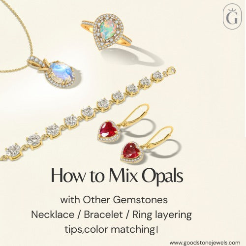 Gold opal ring and necklace styled with ruby heart earrings and diamond bracelet jewelry layering and gemstone mixing guide.