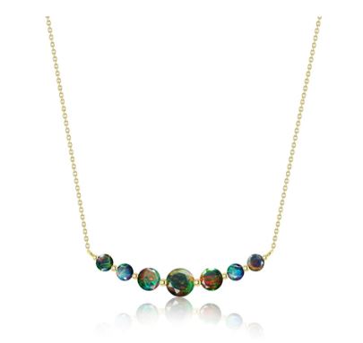 Women’s round fire opal bar pendant necklace in 14k gold with multicolor faceted opal beads.