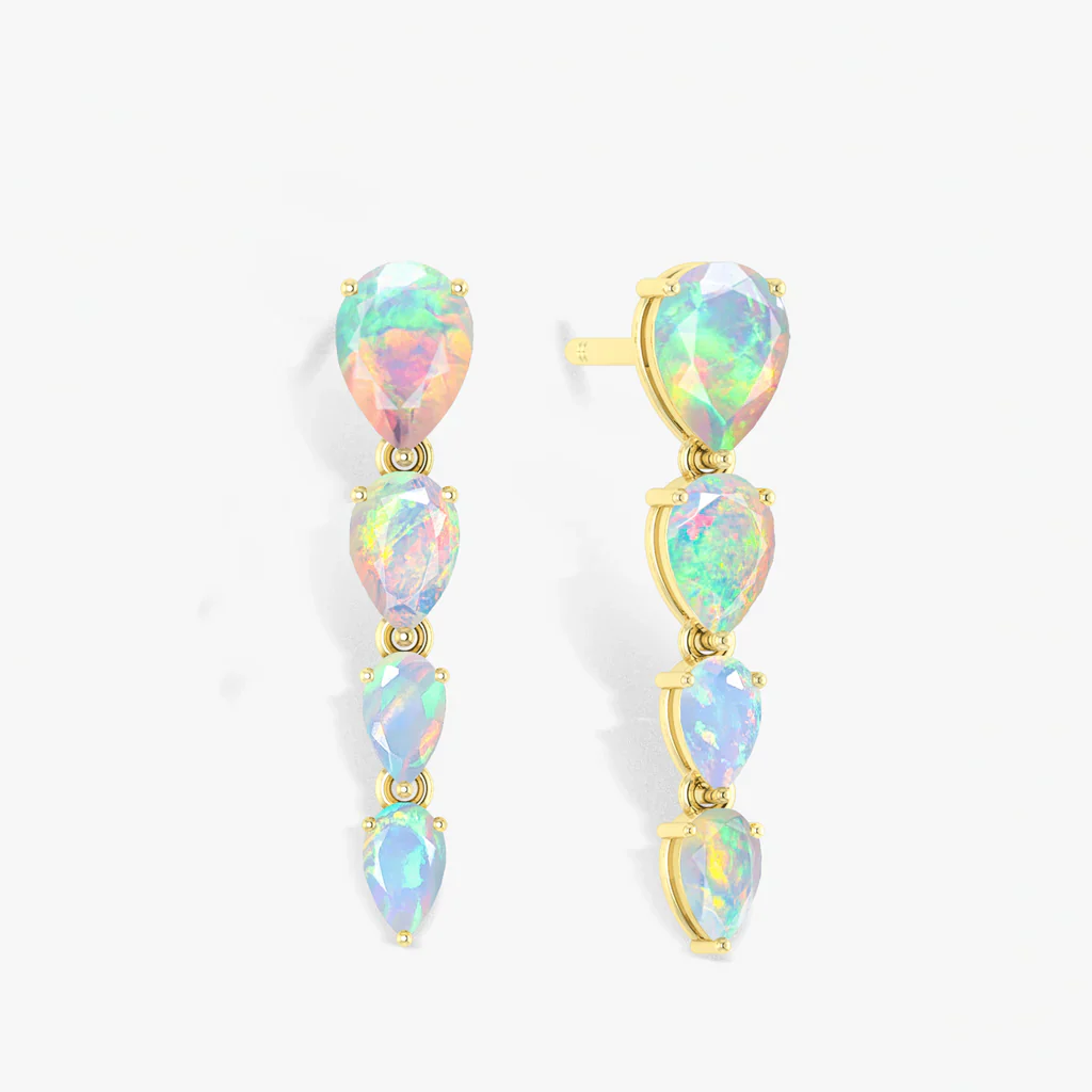 Opal earrings with natural white multifire opal pear-cut gemstones in elegant gold drop design