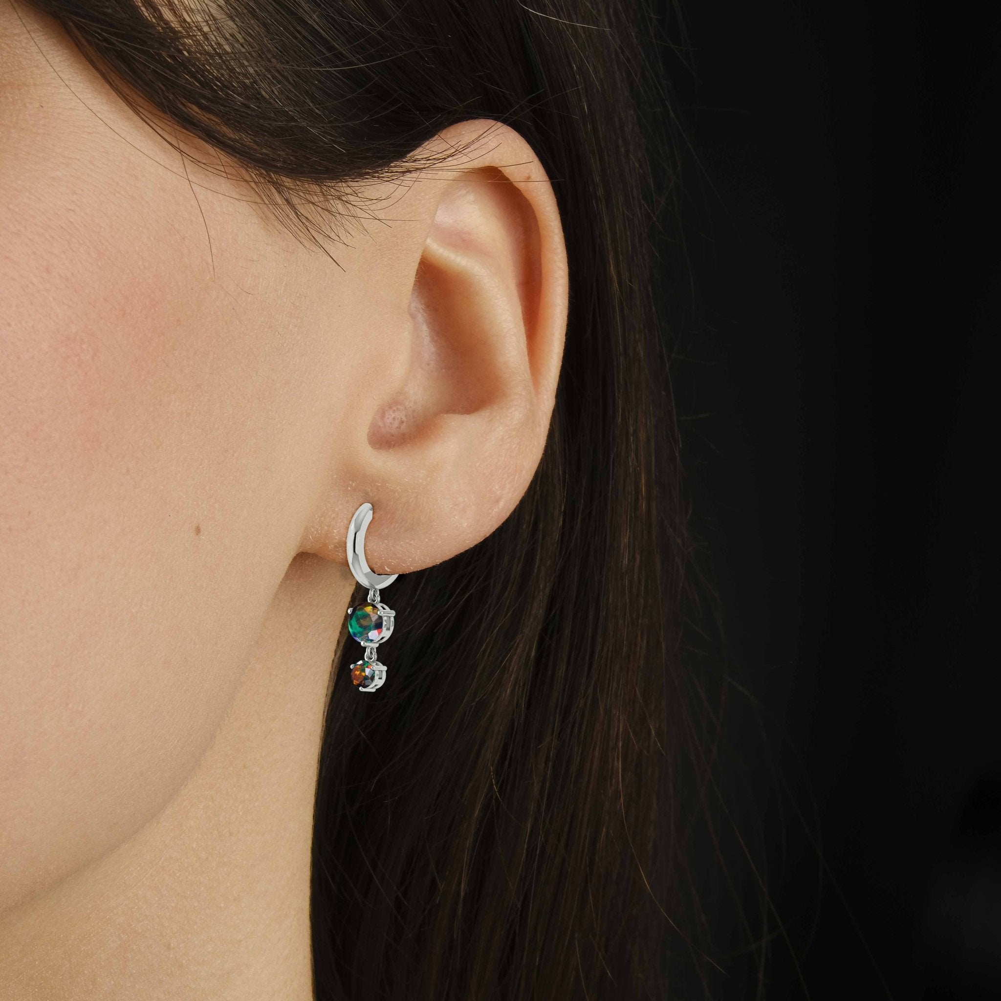 2 Round Stone Natural Black Opal Drop Hoop Earrings - Goodstone Jewels