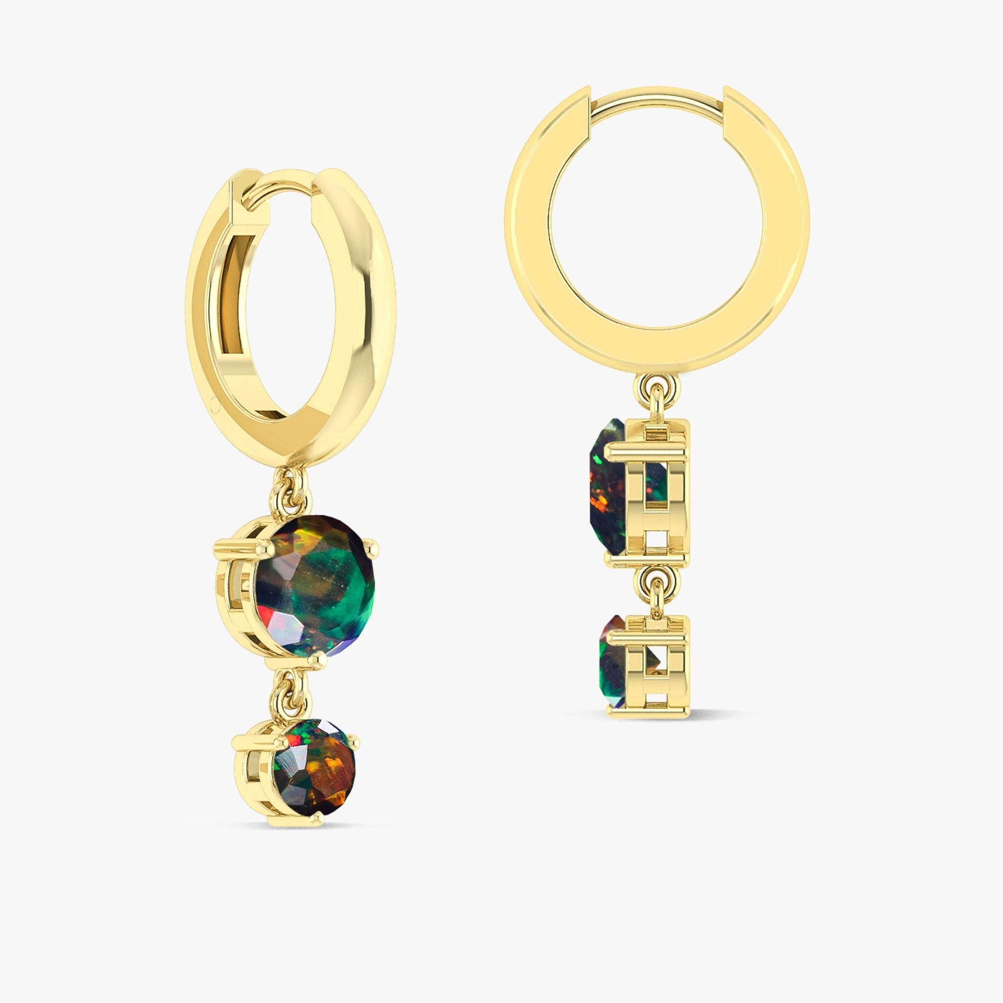 2 Round Stone Natural Black Opal Drop Hoop Earrings - Goodstone Jewels